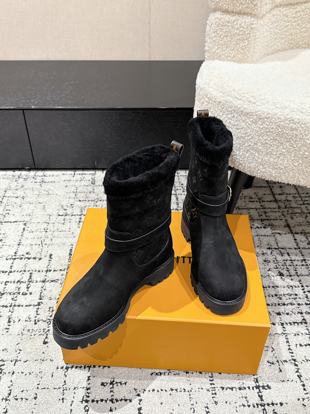 Luxury Black Suede Monogram Ankle Boots with Fur Lining