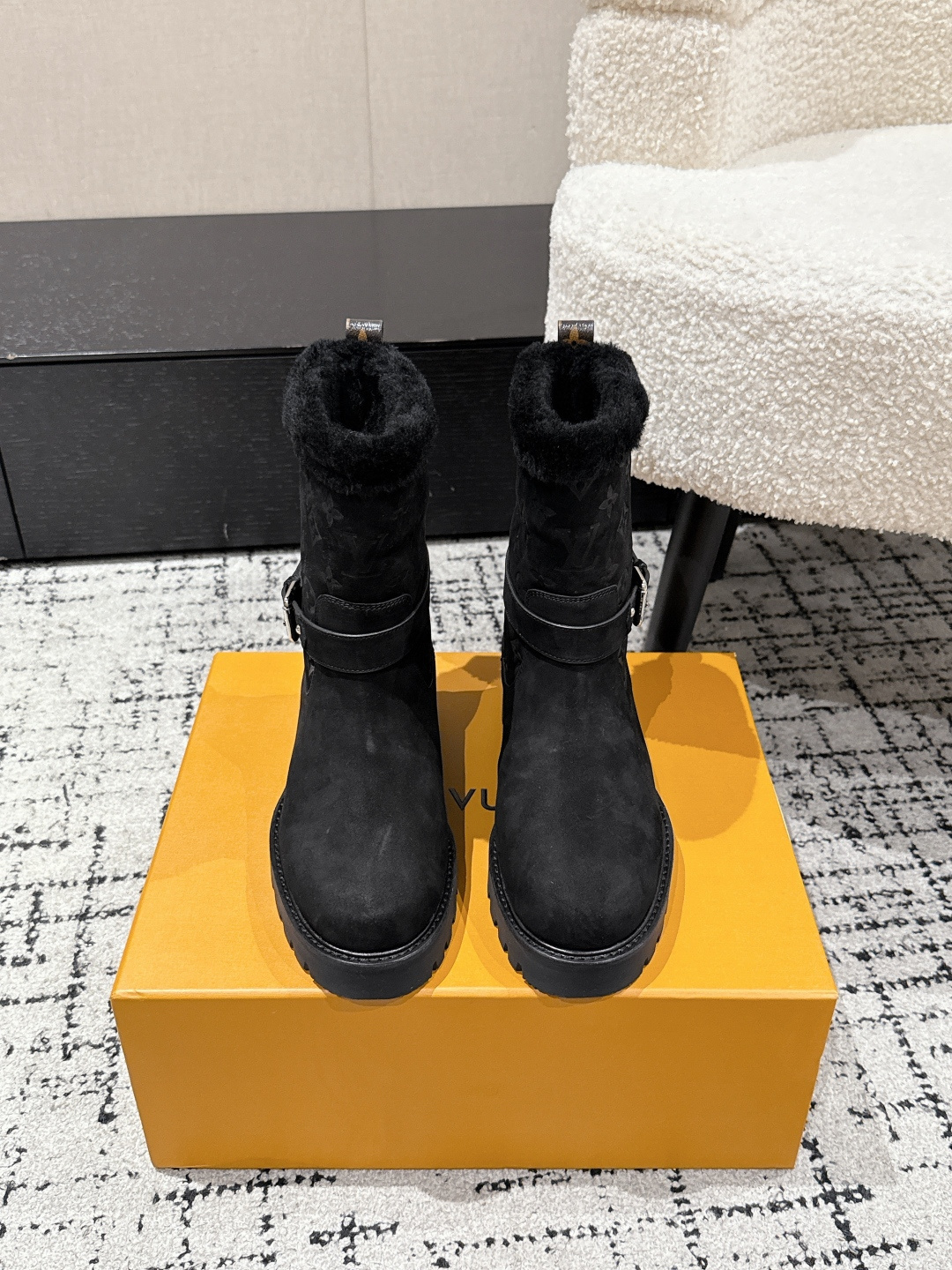Luxury Black Suede Monogram Ankle Boots with Fur Lining