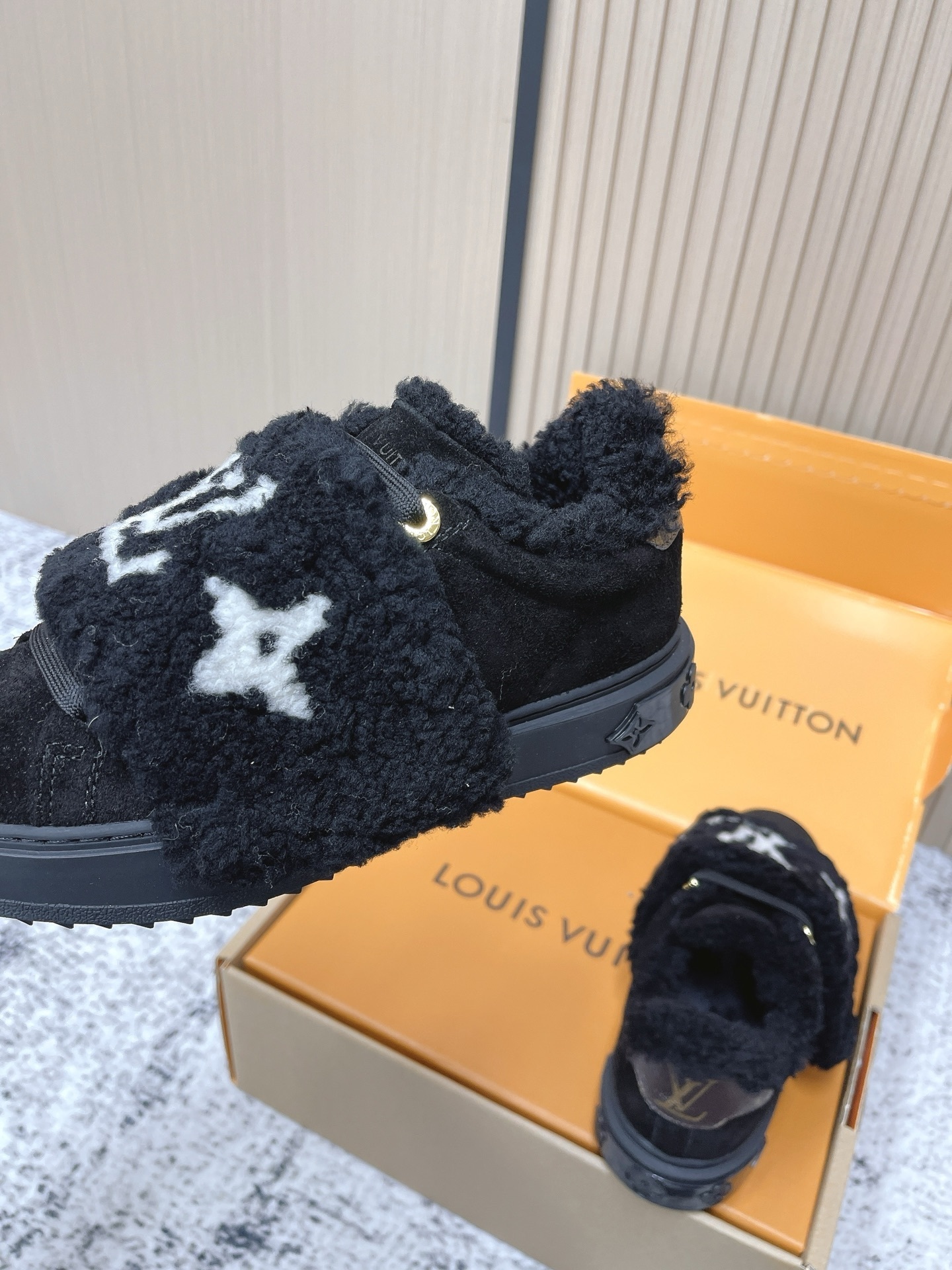 Louis Vuitton Black Shearling LV Logo Flat Comfort Mules