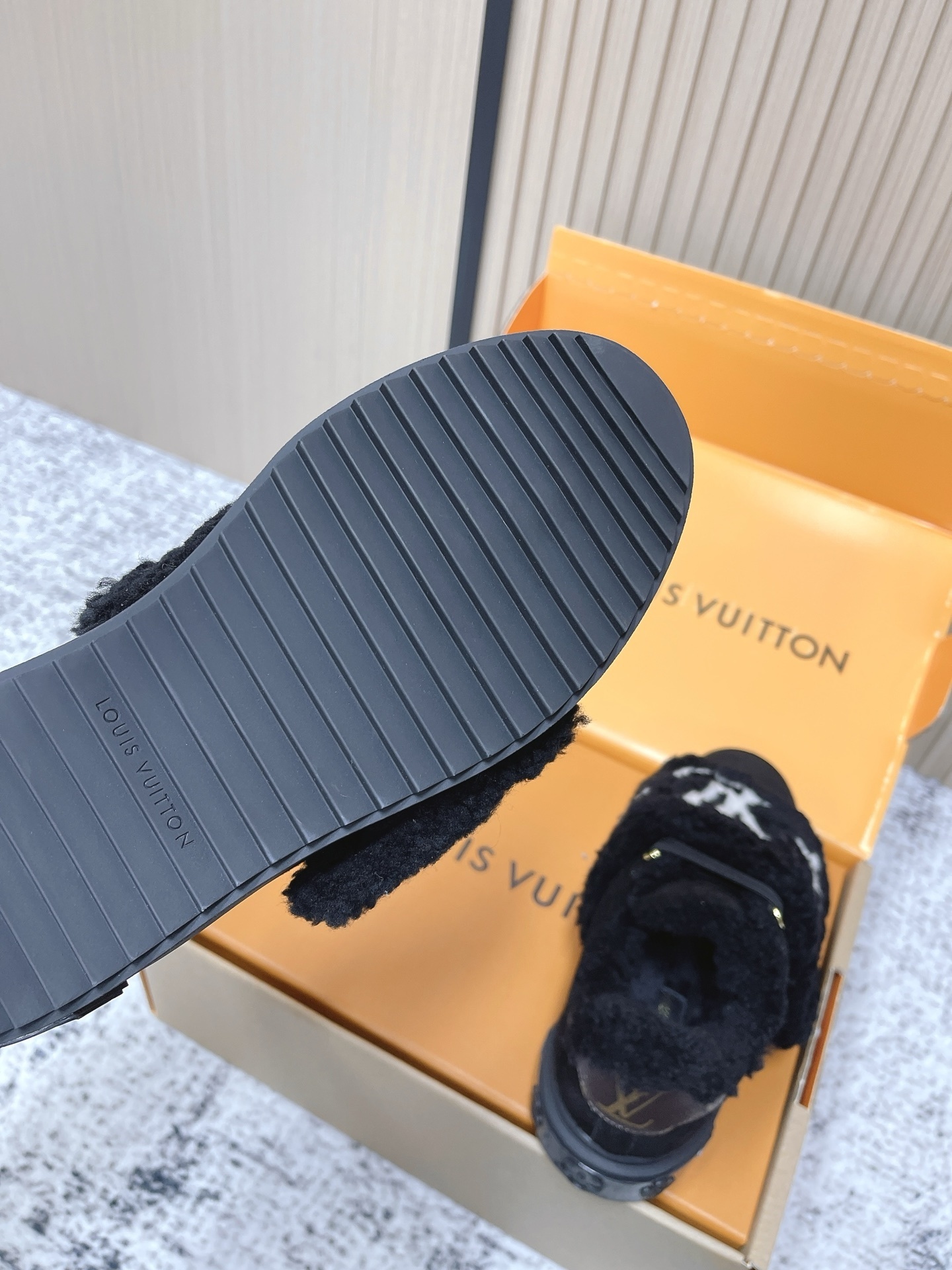 Louis Vuitton Black Shearling LV Logo Flat Comfort Mules