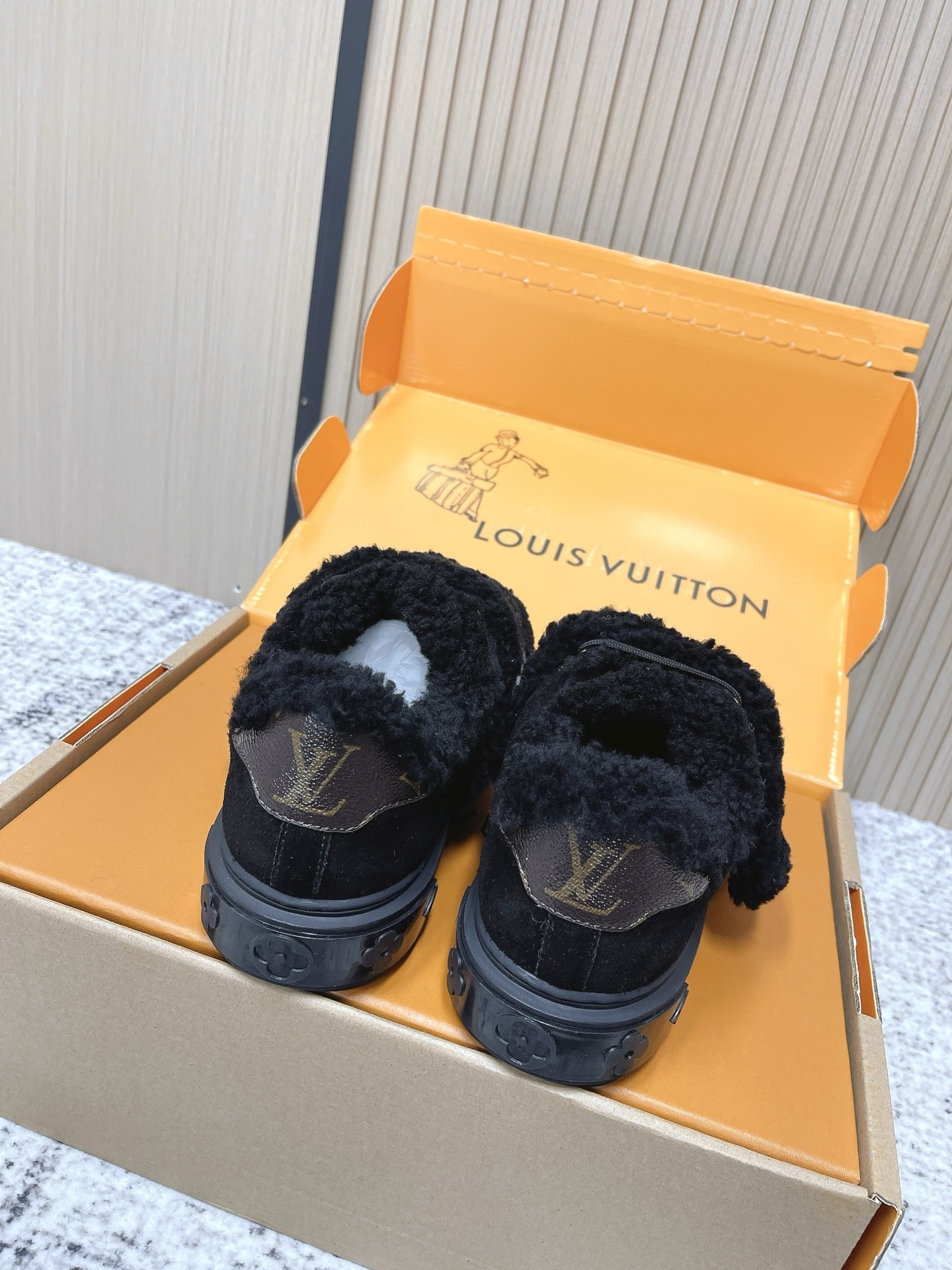 Louis Vuitton Black Shearling LV Logo Flat Comfort Mules