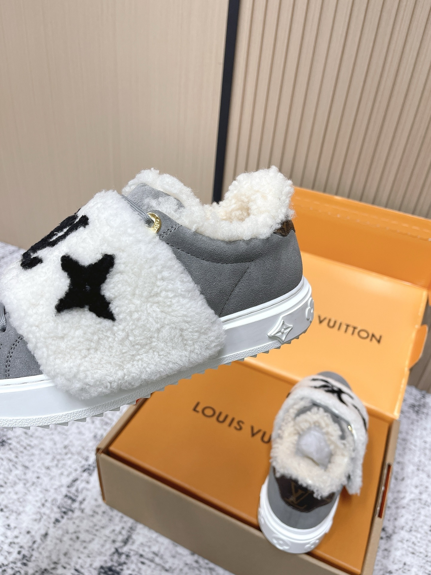 Louis Vuitton Stellar Sneaker Grey Suede with Monogram Shearling