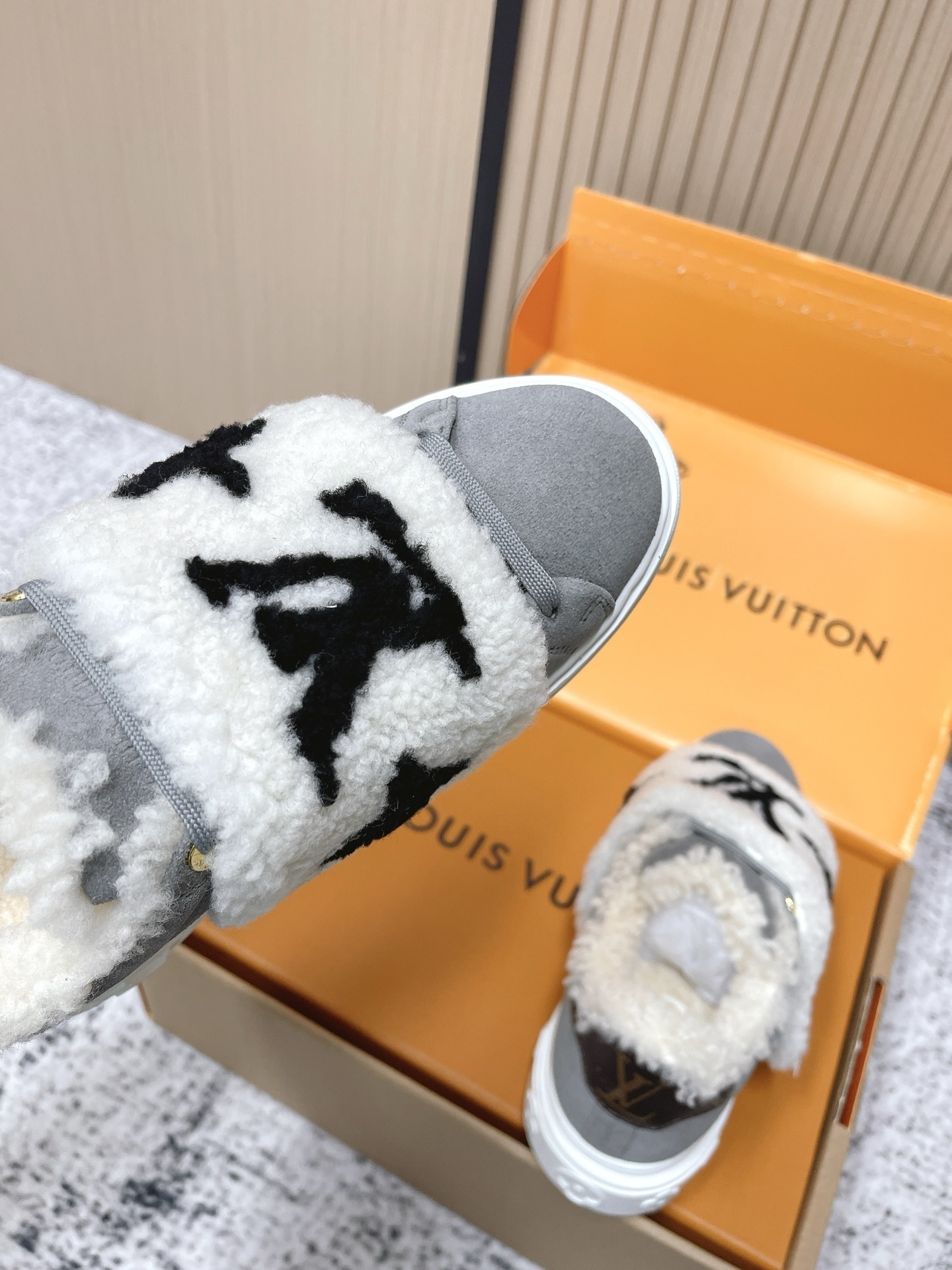 Louis Vuitton Stellar Sneaker Grey Suede with Monogram Shearling