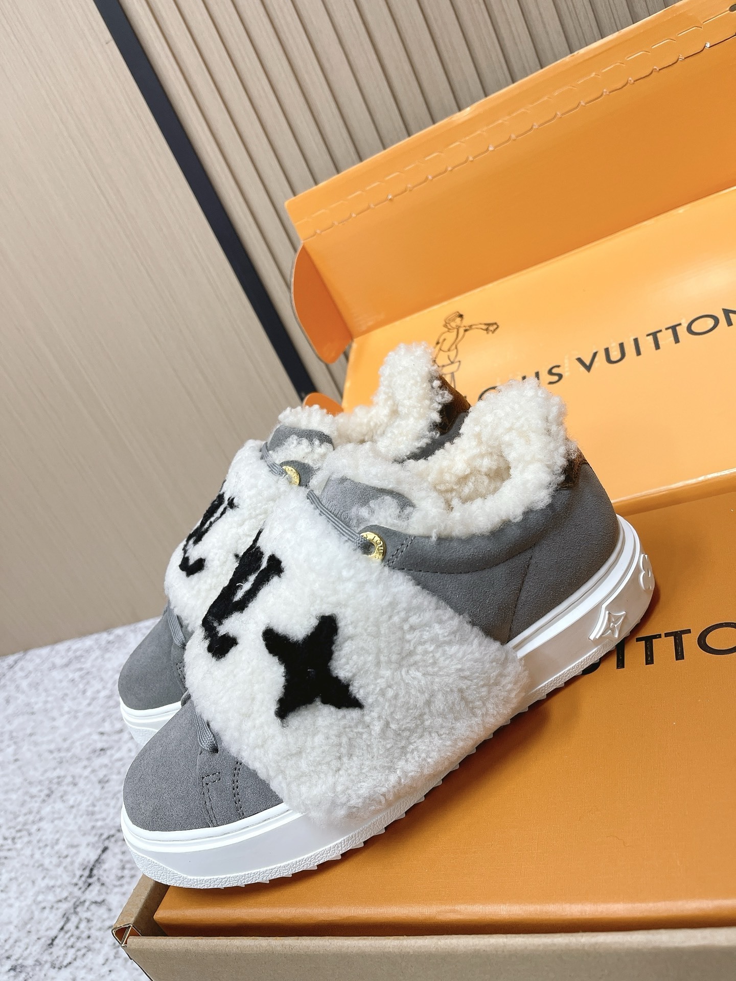 Louis Vuitton Stellar Sneaker Grey Suede with Monogram Shearling