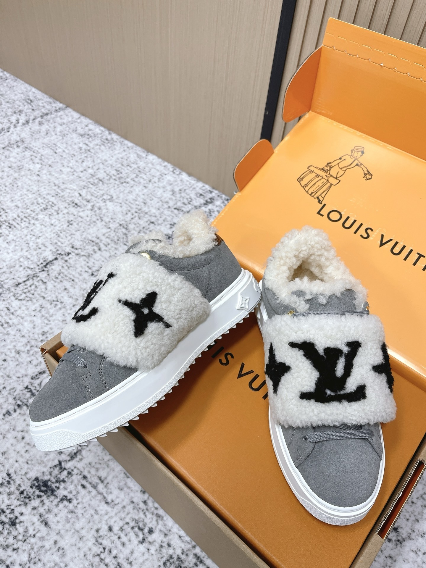 Louis Vuitton Stellar Sneaker Grey Suede with Monogram Shearling