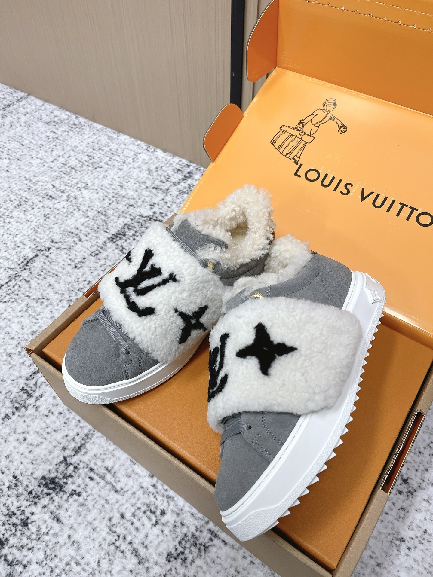 Louis Vuitton Stellar Sneaker Grey Suede with Monogram Shearling
