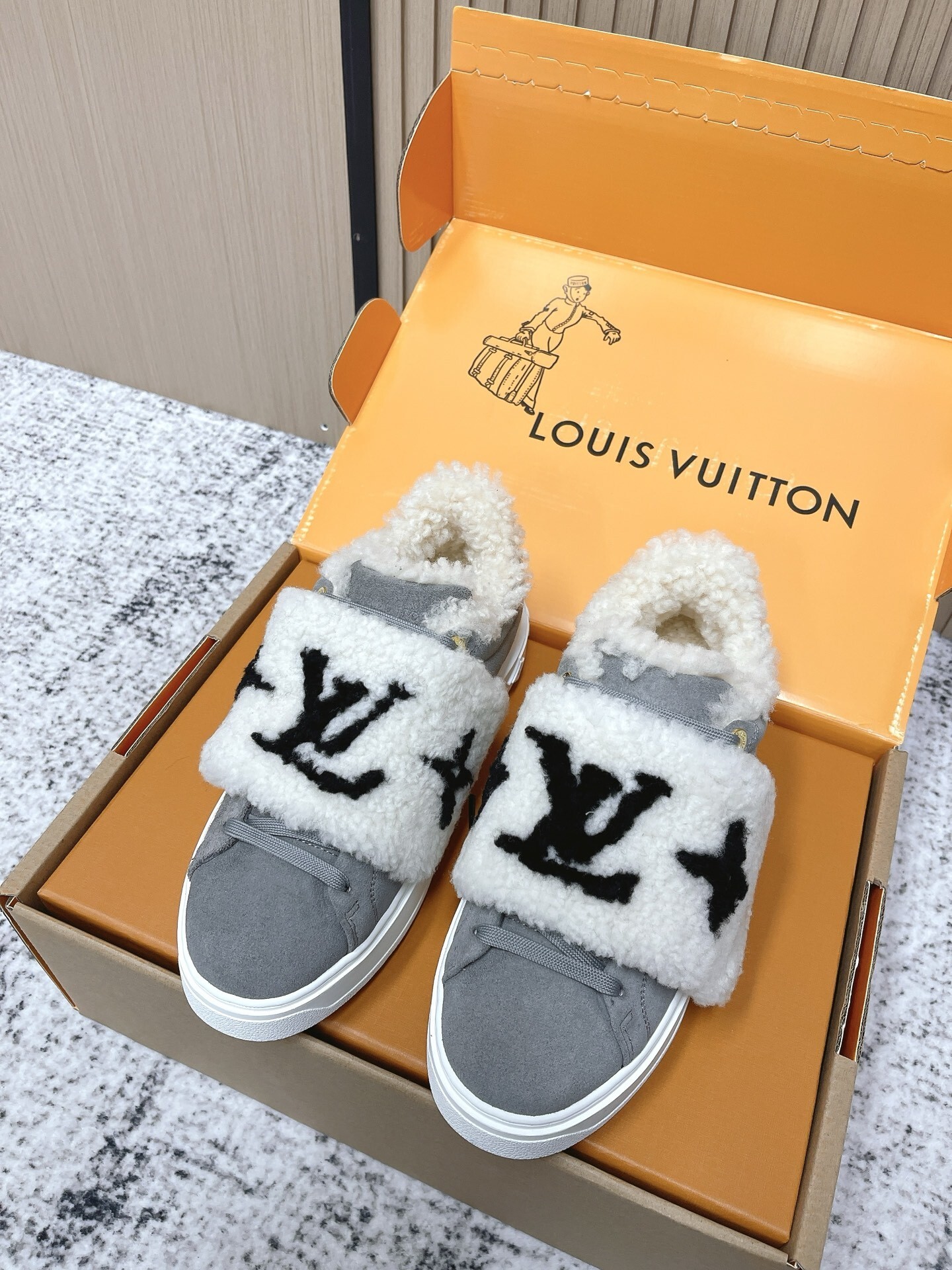 Louis Vuitton Stellar Sneaker Grey Suede with Monogram Shearling