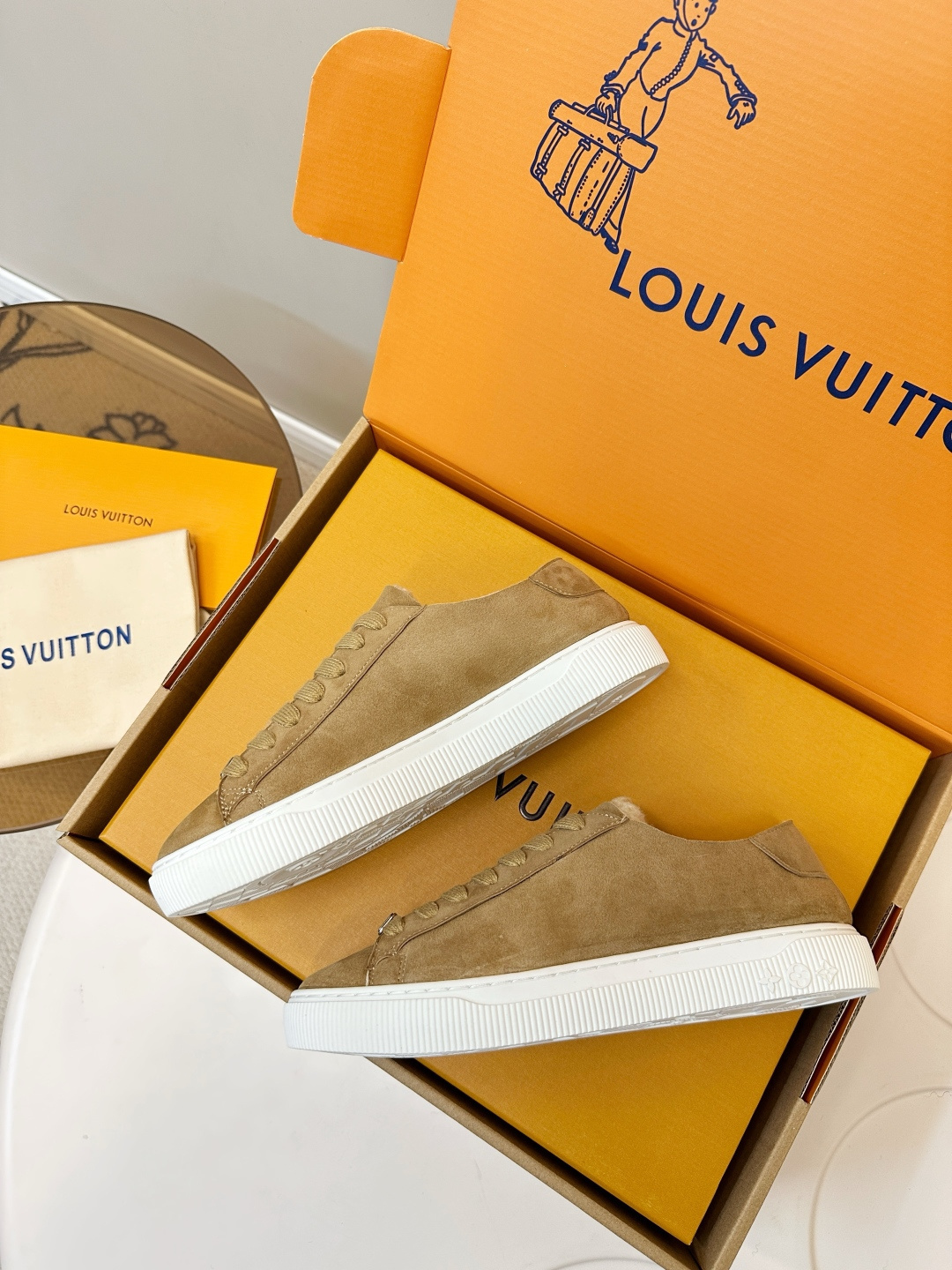 Louis Vuitton Shearling Lined Suede Sneakers - Tan Luxury Footwear