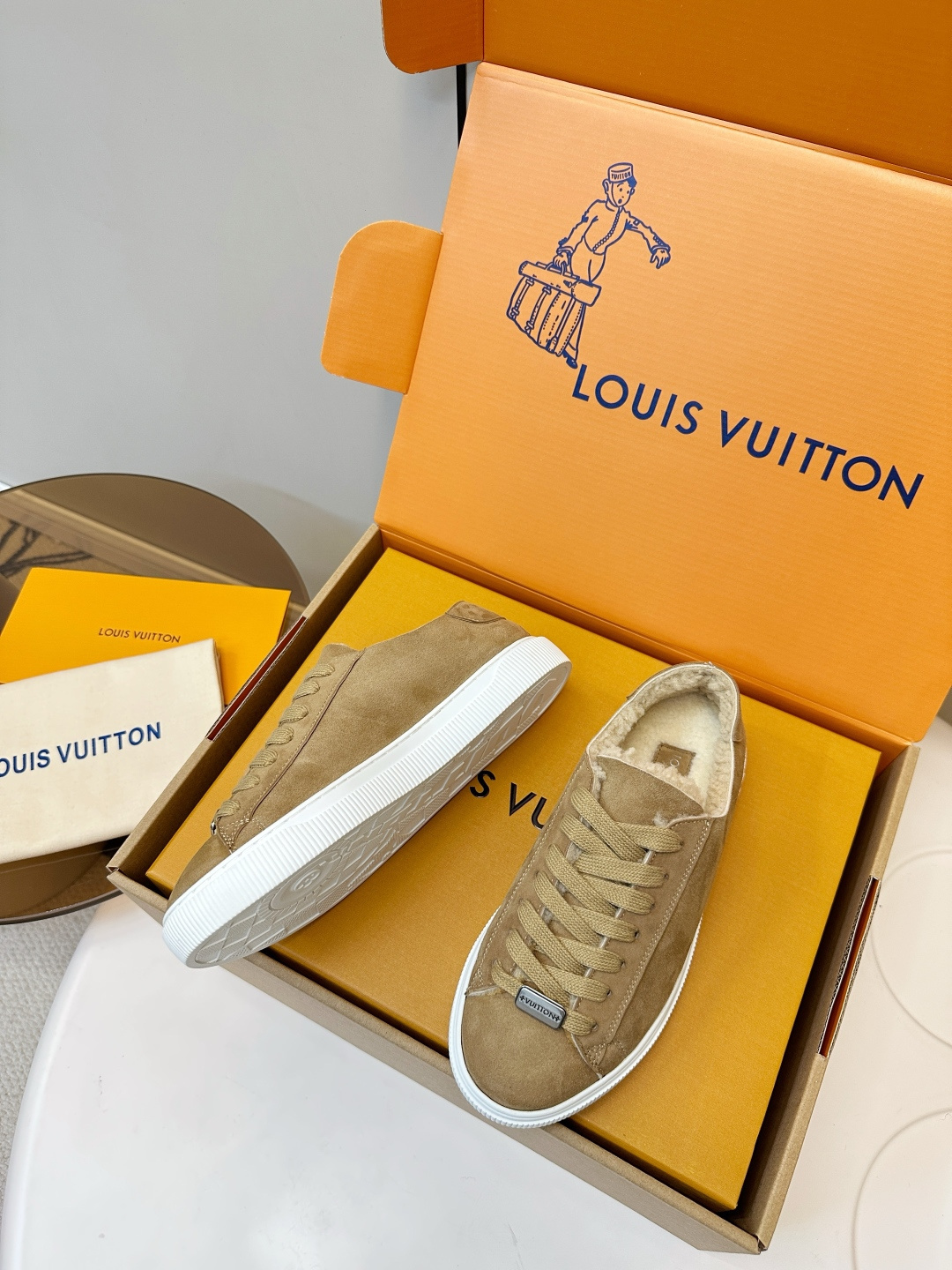Louis Vuitton Shearling Lined Suede Sneakers - Tan Luxury Footwear