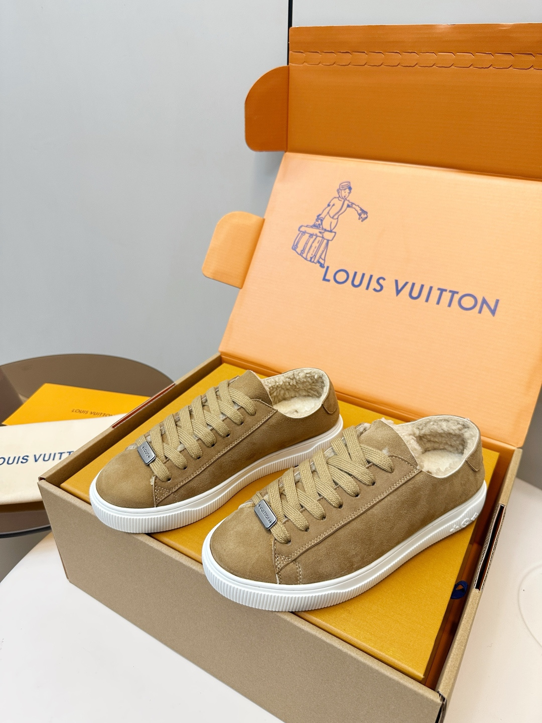 Louis Vuitton Shearling Lined Suede Sneakers - Tan Luxury Footwear