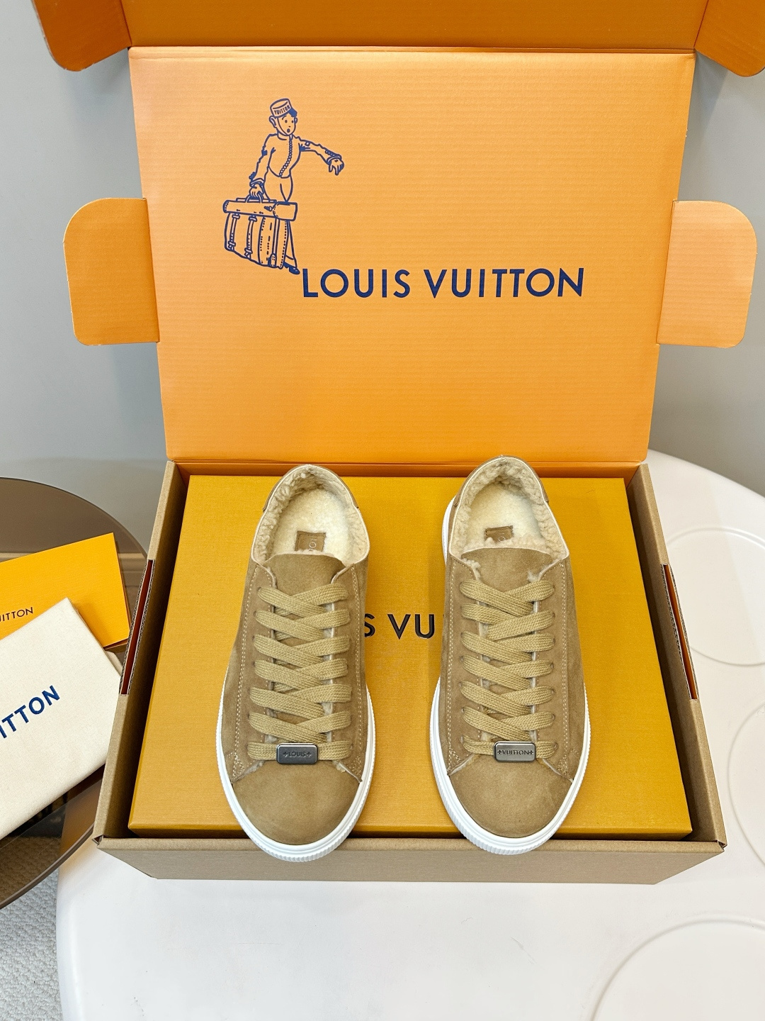 Louis Vuitton Shearling Lined Suede Sneakers – Tan Luxury Footwear