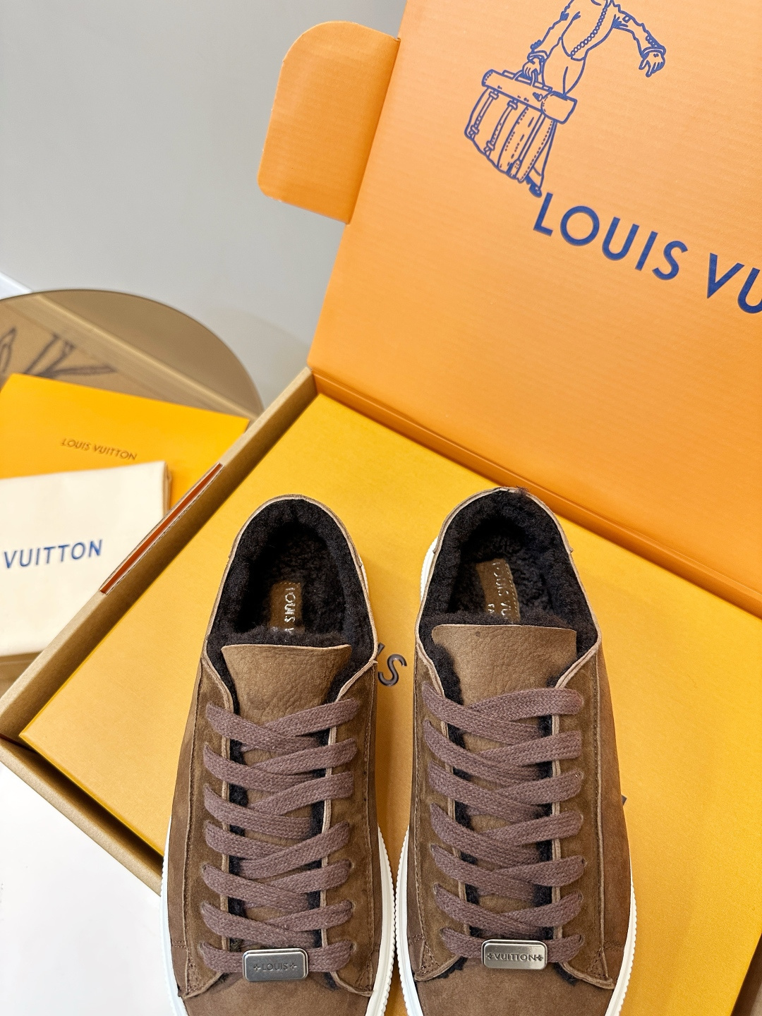 Louis Vuitton Brown Suede Shearling-Lined Sneakers