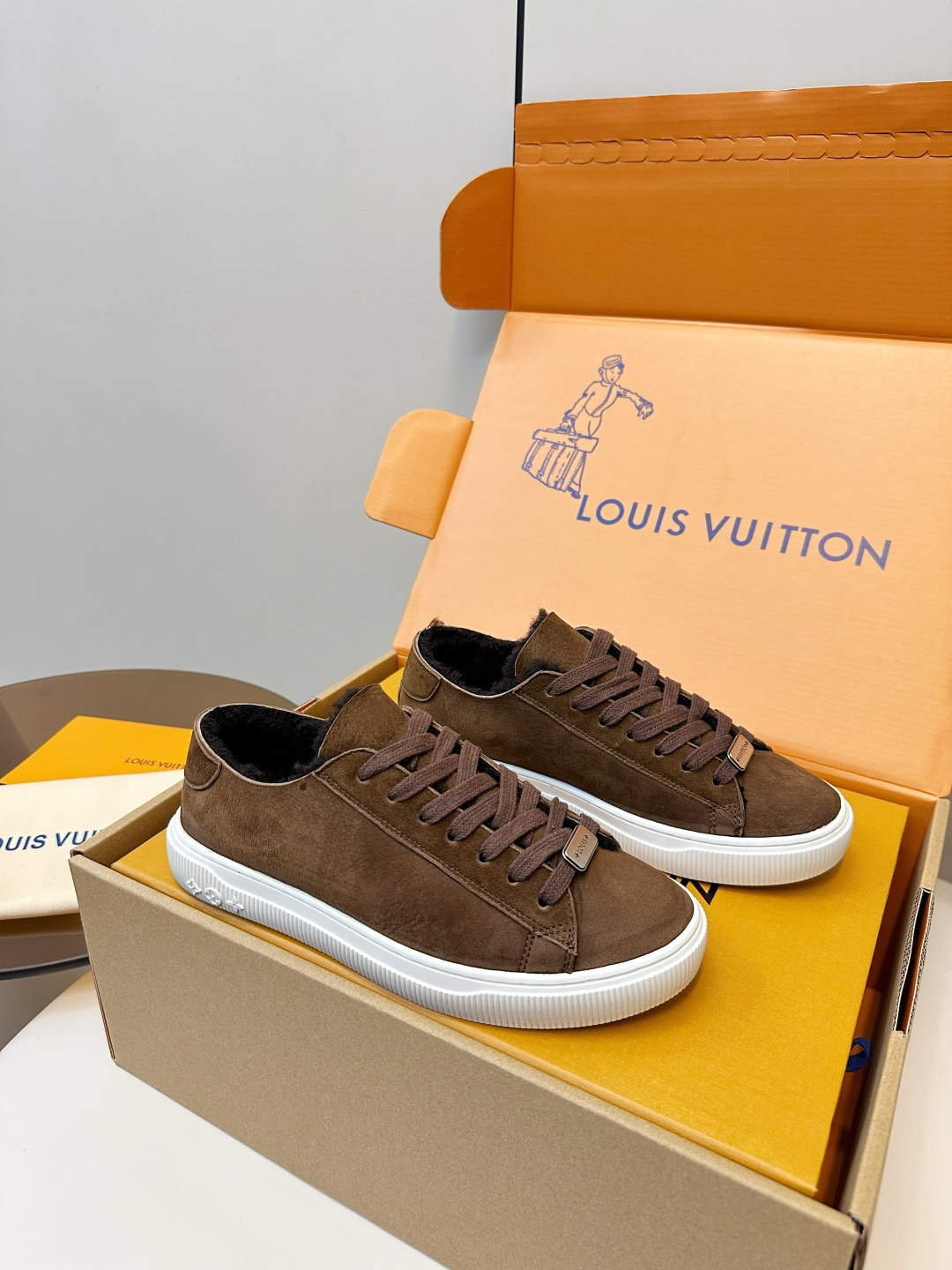 Louis Vuitton Brown Suede Shearling-Lined Sneakers
