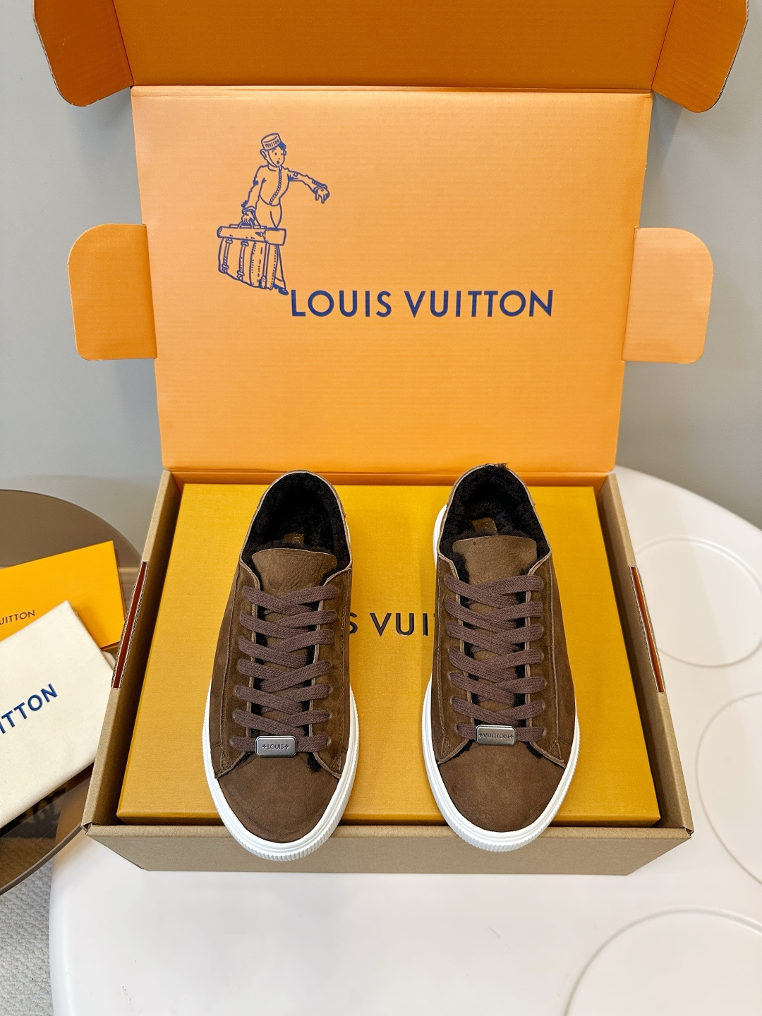 Louis Vuitton Brown Suede Shearling-Lined Sneakers