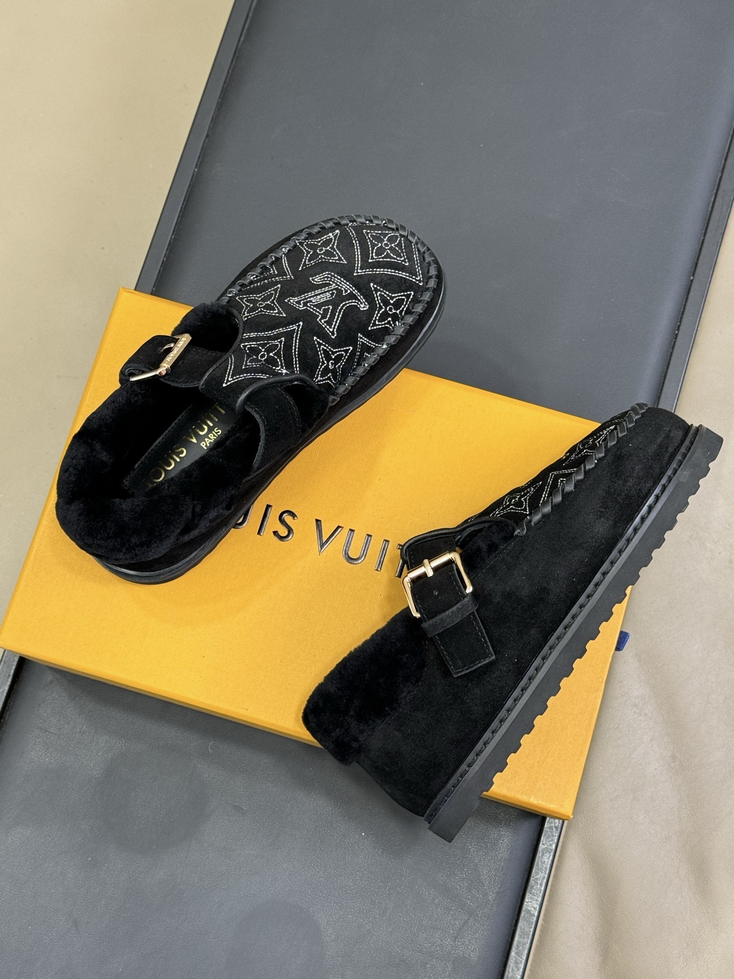 Louis Vuitton Black Suede Monogram Shearling Loafers