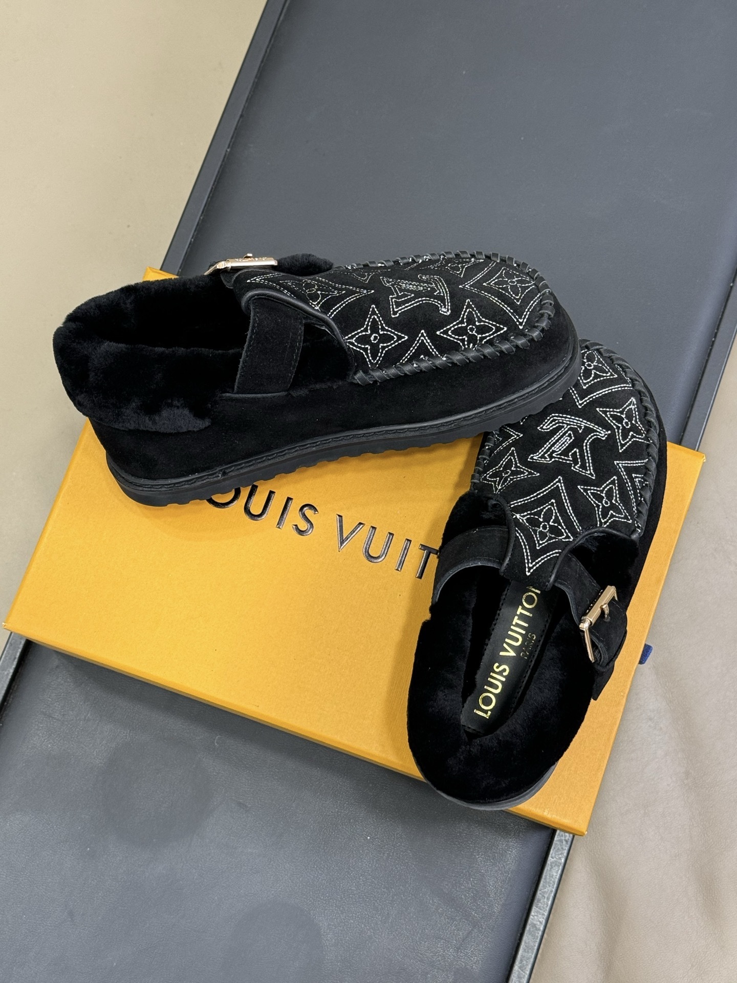 Louis Vuitton Black Suede Monogram Shearling Loafers