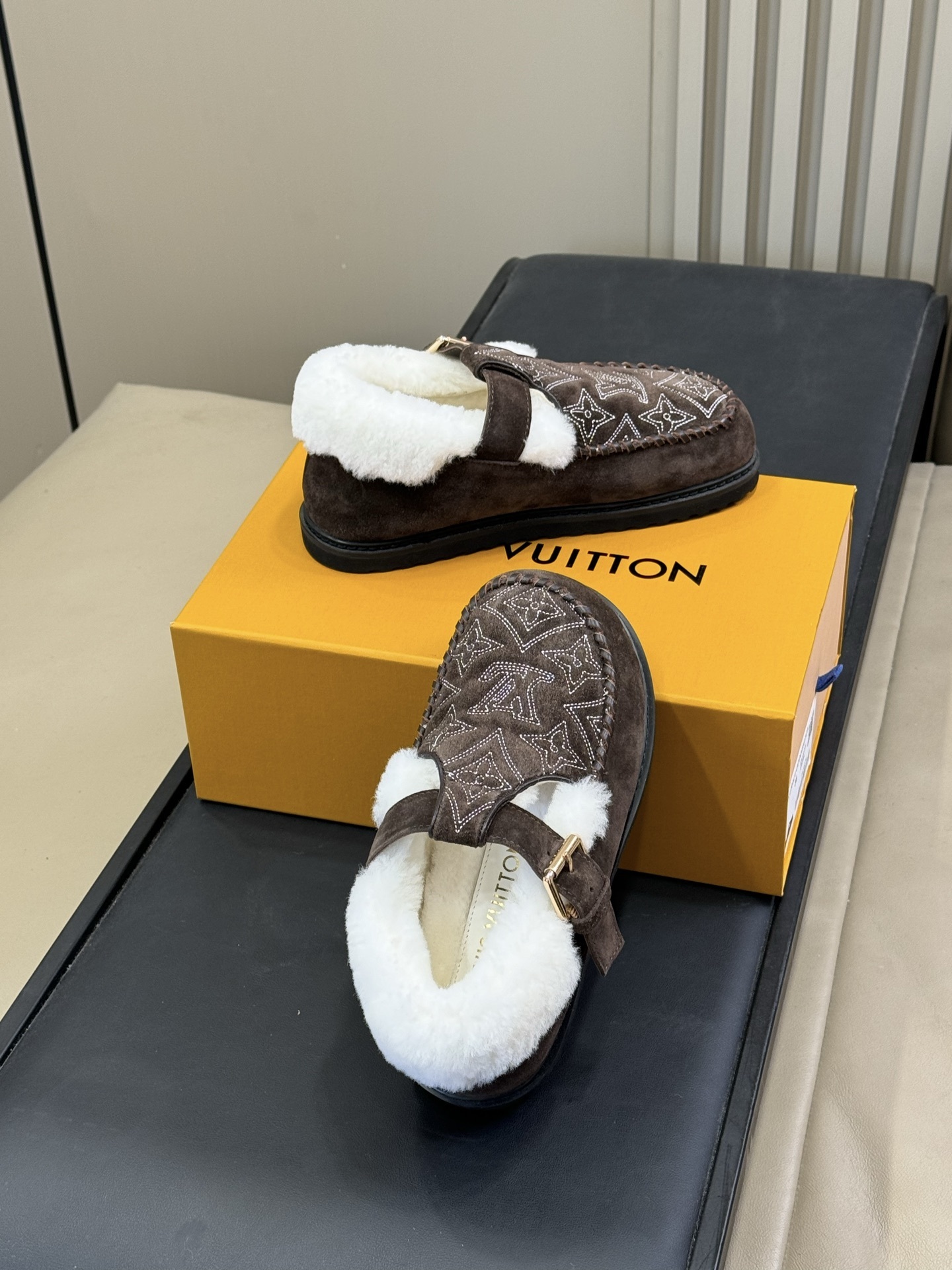 Luxury Brown Suede Fur-Lined Clogs with Star Monogram Embroidery