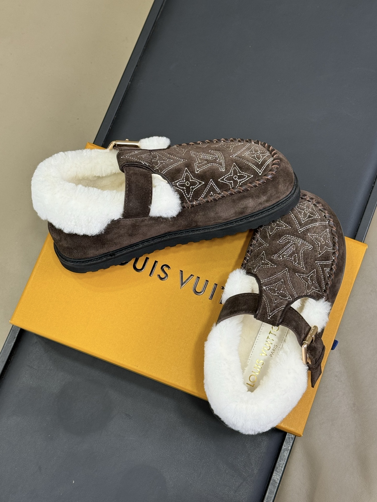 Luxury Brown Suede Fur-Lined Clogs with Star Monogram Embroidery