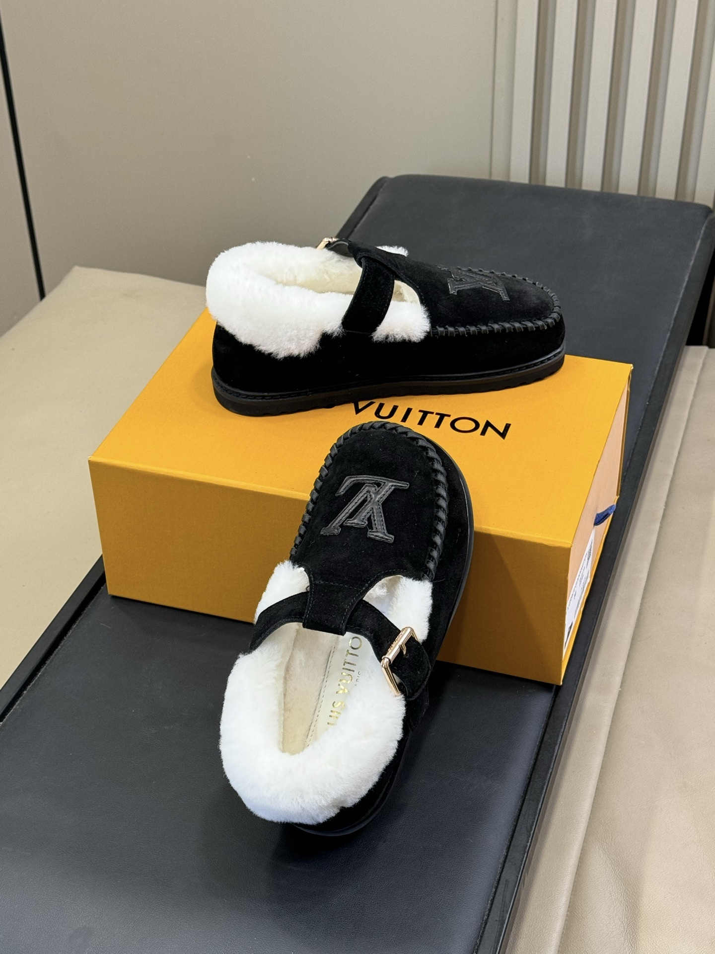 LV Paseo Flat Comfort Mules - Black Suede with White Fur Lining