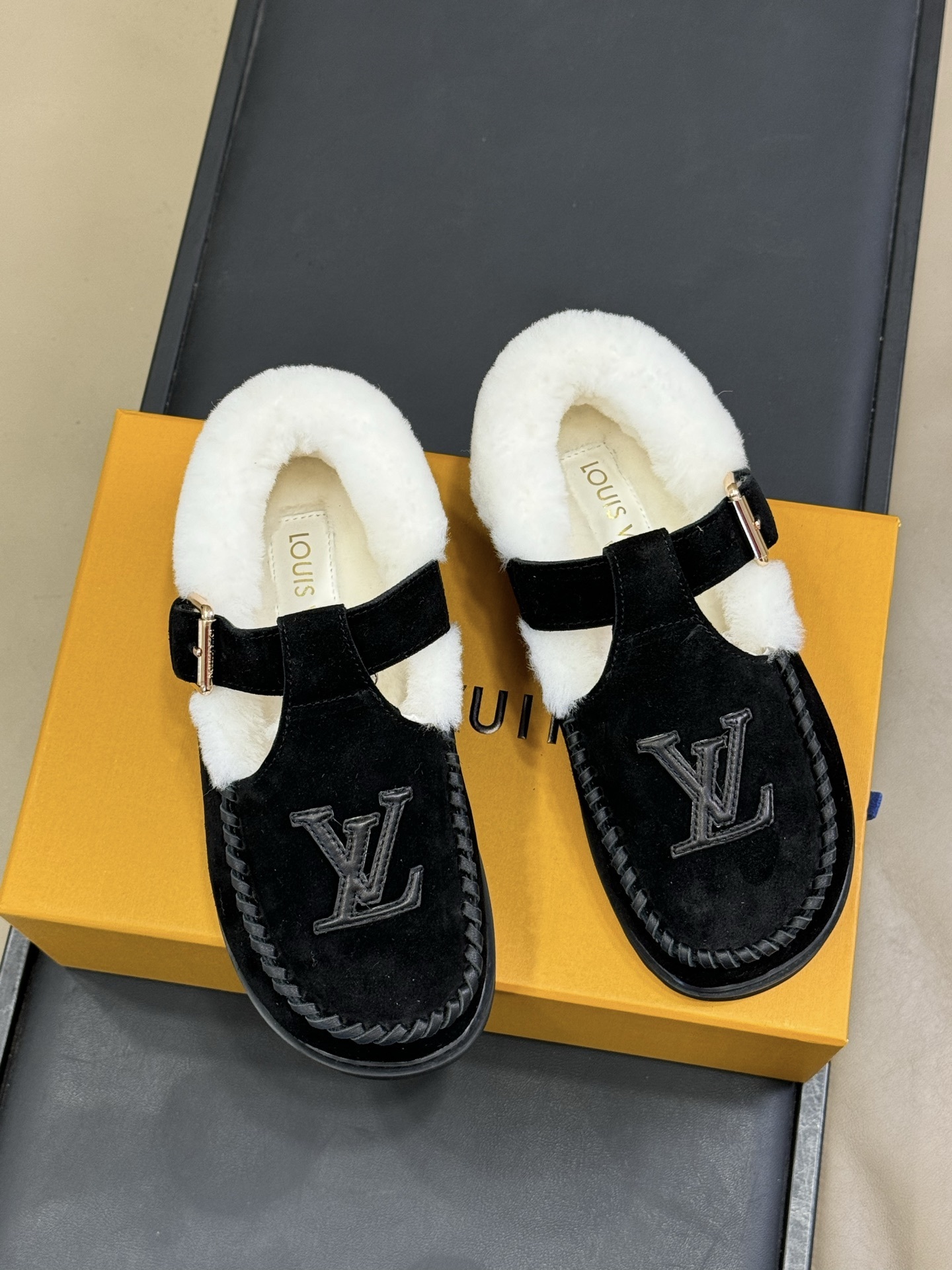 LV Paseo Flat Comfort Mules - Black Suede with White Fur Lining
