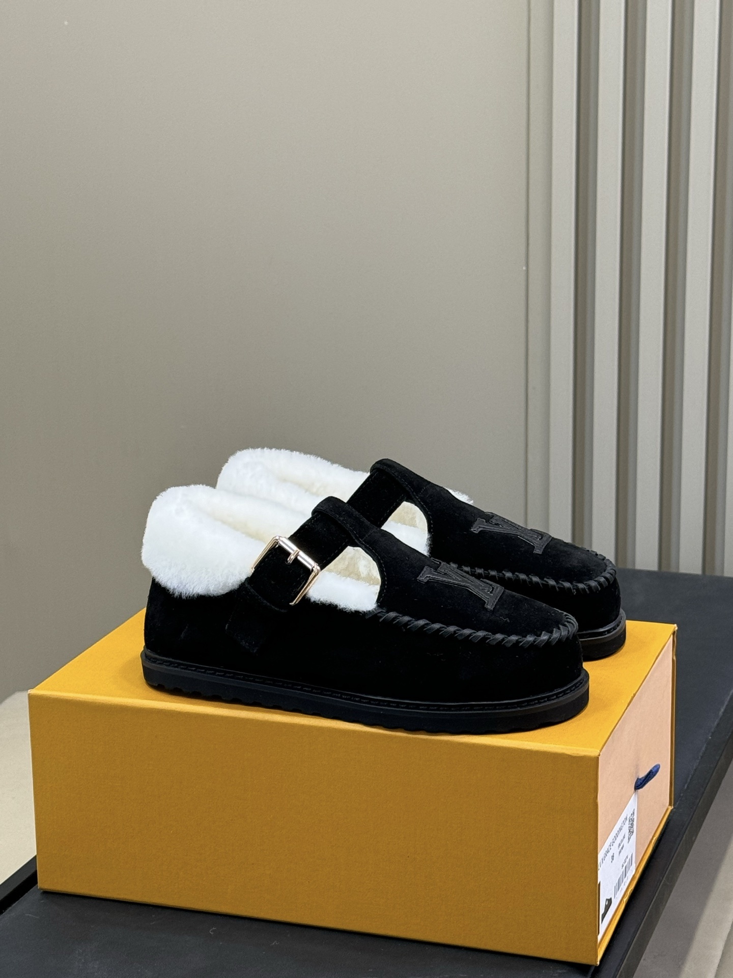 LV Paseo Flat Comfort Mules – Black Suede with White Fur Lining