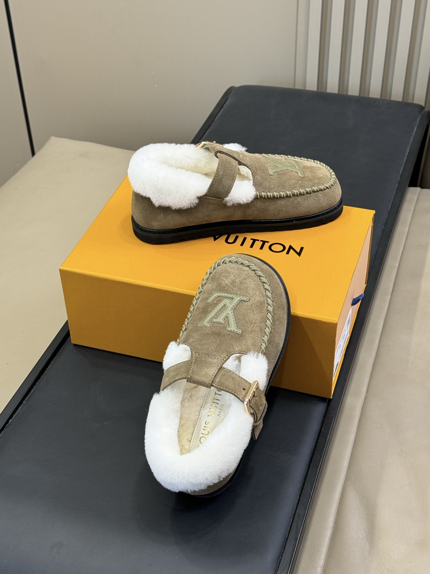 Luxury Suede Fur-Lined Loafers with Buckle Strap & Monogram