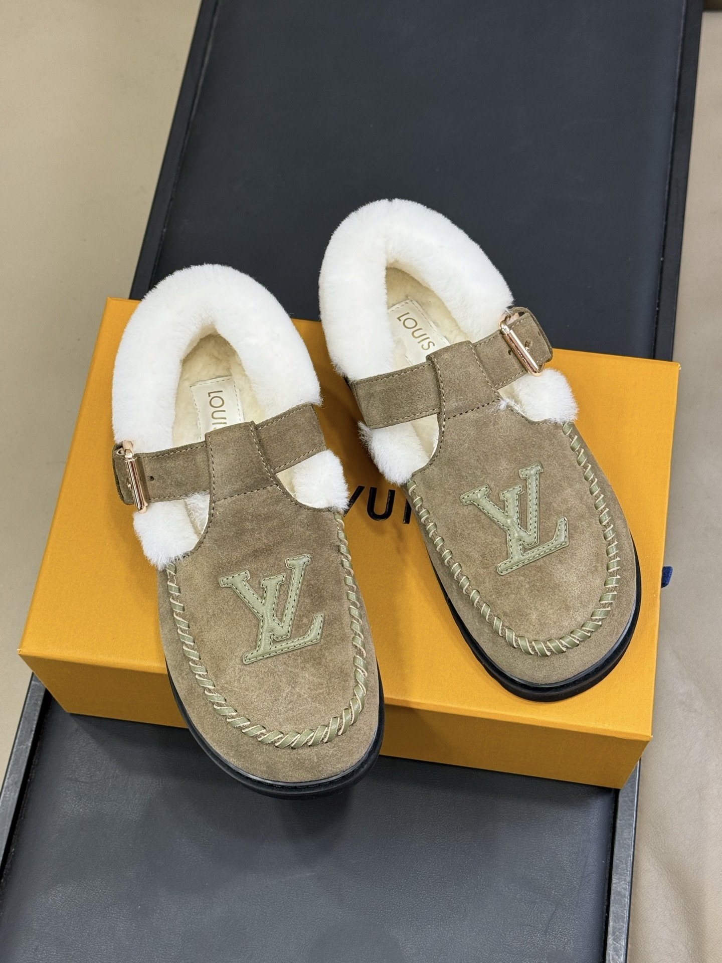 Luxury Suede Fur-Lined Loafers with Buckle Strap & Monogram