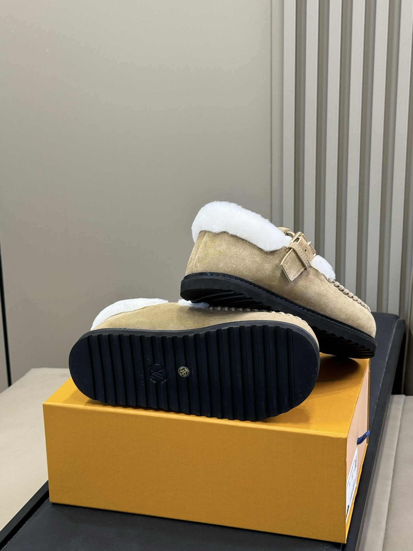 Louis Vuitton Beige Suede Fur-Lined Moccasin Loafers with Buckle