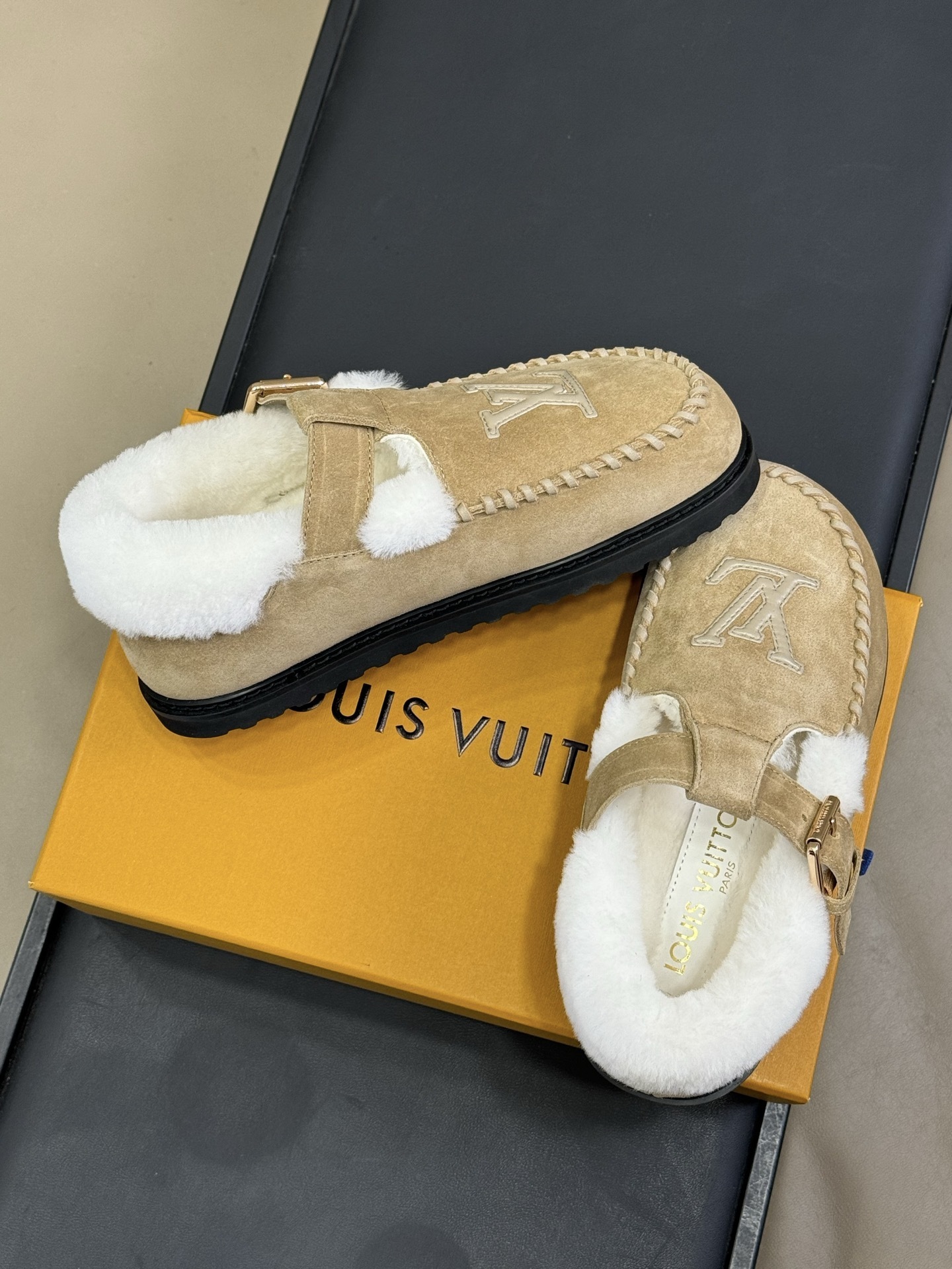 Louis Vuitton Beige Suede Fur-Lined Moccasin Loafers with Buckle