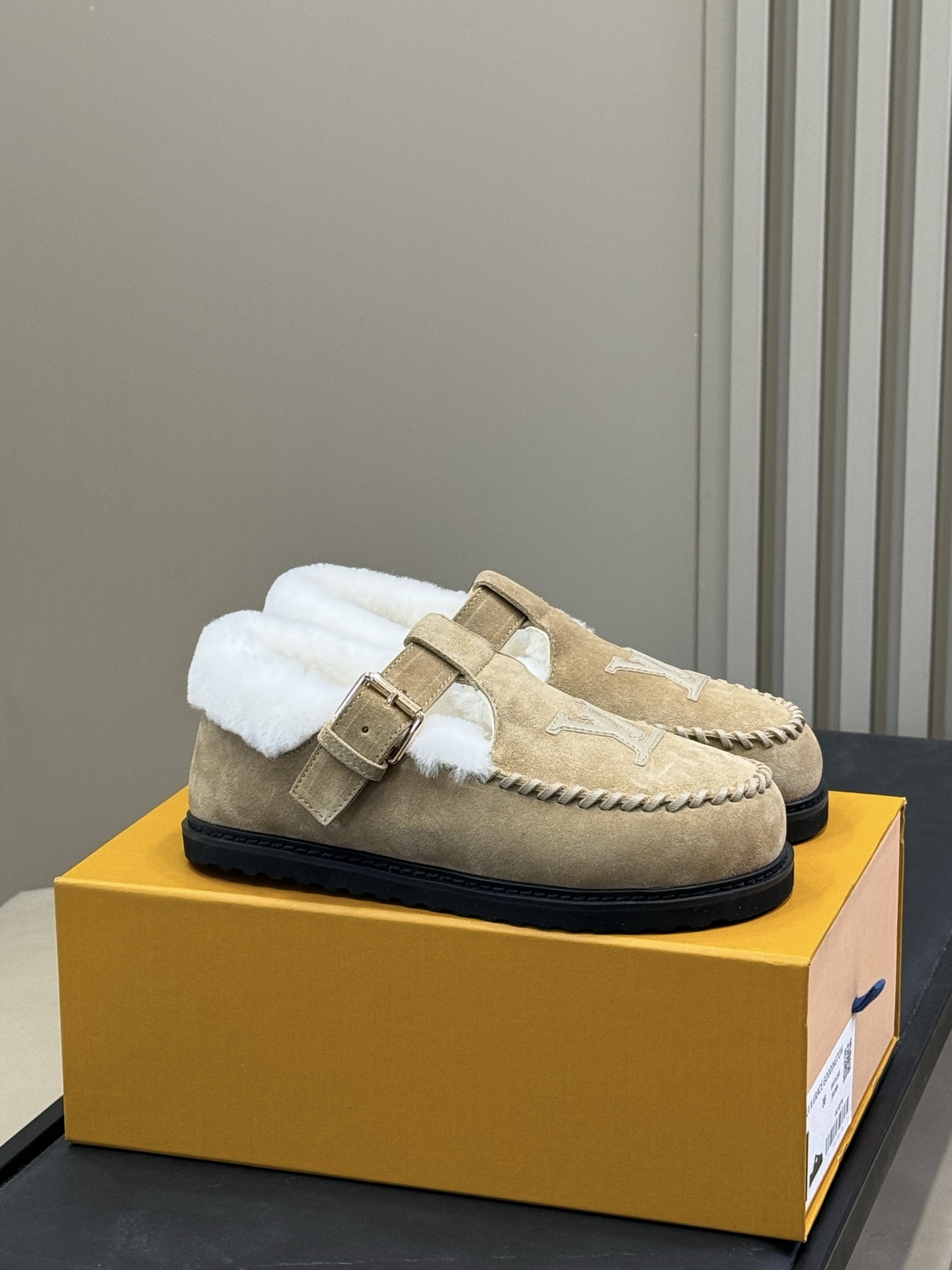 Louis Vuitton Beige Suede Fur-Lined Moccasin Loafers with Buckle