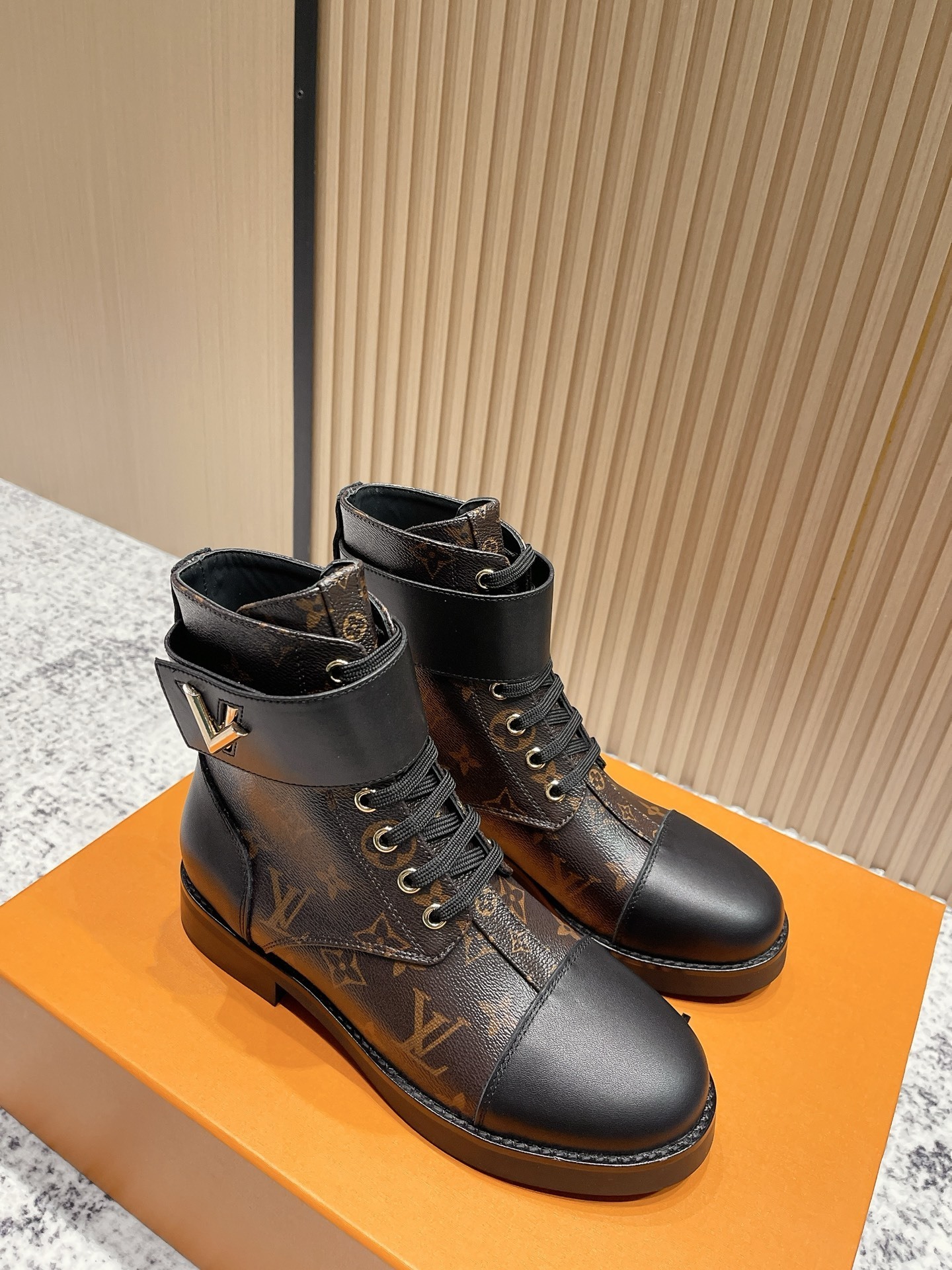 Luxury Monogram Canvas Lace-Up Ankle Boots with Leather Trim