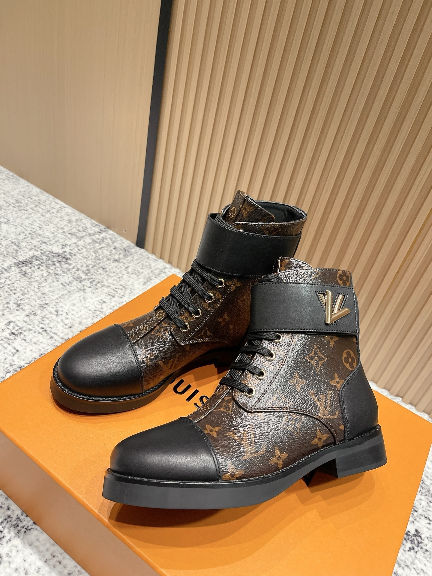 Luxury Monogram Canvas Lace-Up Ankle Boots with Leather Trim