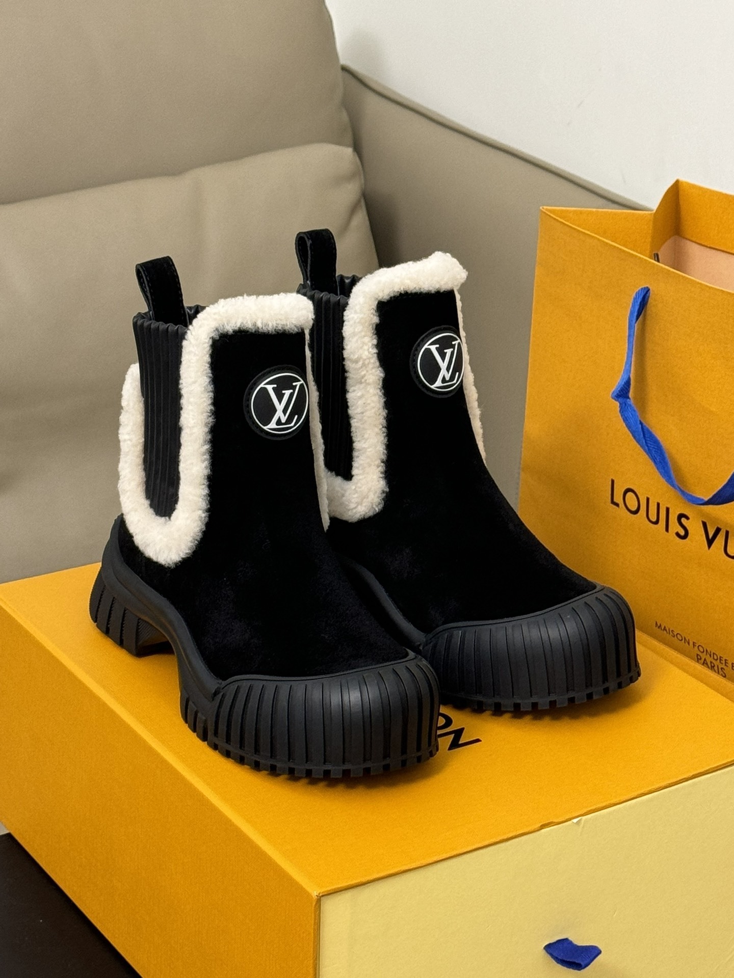 Louis Vuitton Black Suede Shearling Ankle Boots - Luxury Winter Style
