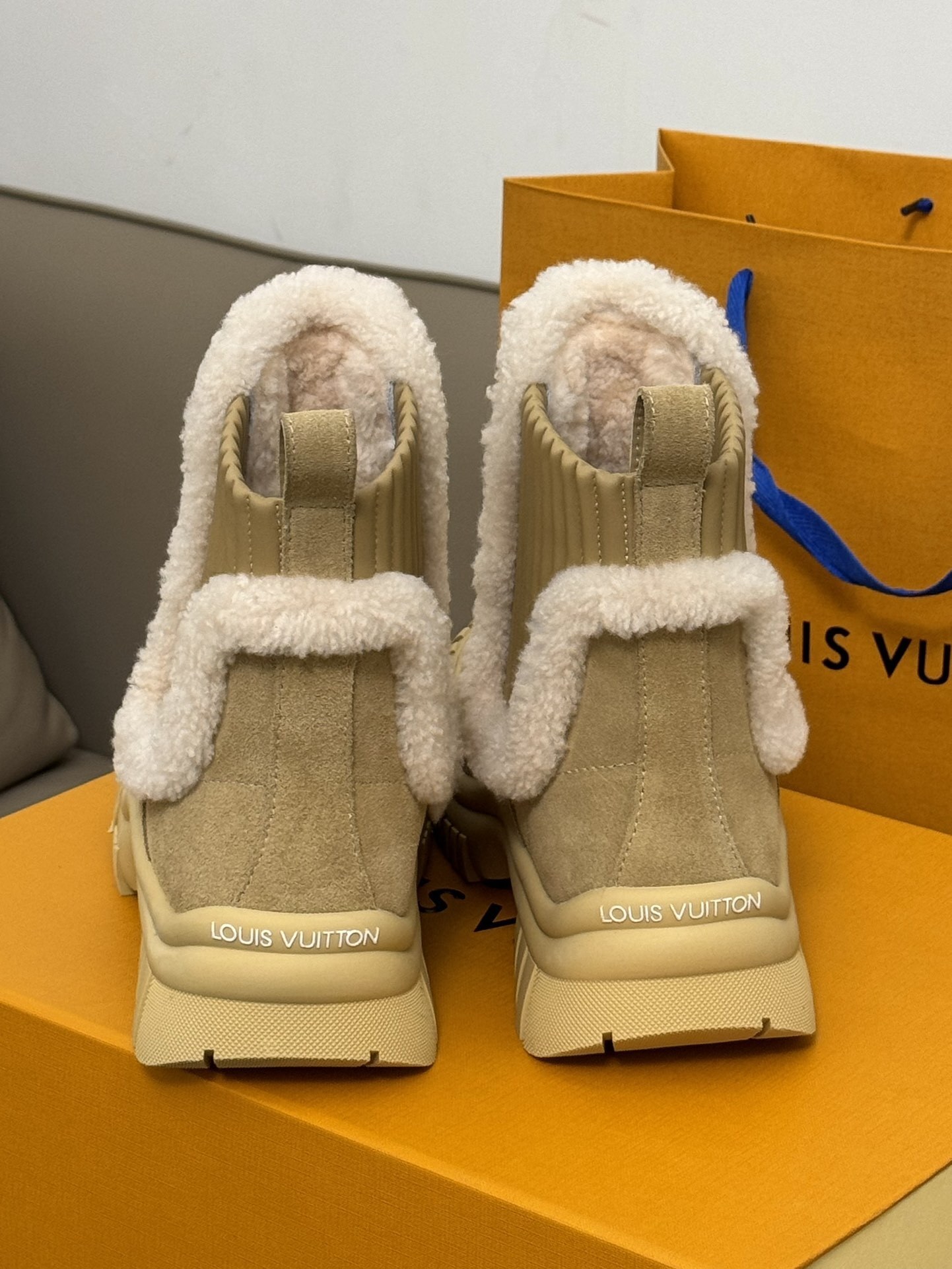 Louis Vuitton Beige Suede & Shearling Flat Ankle Boots - Luxury Winter