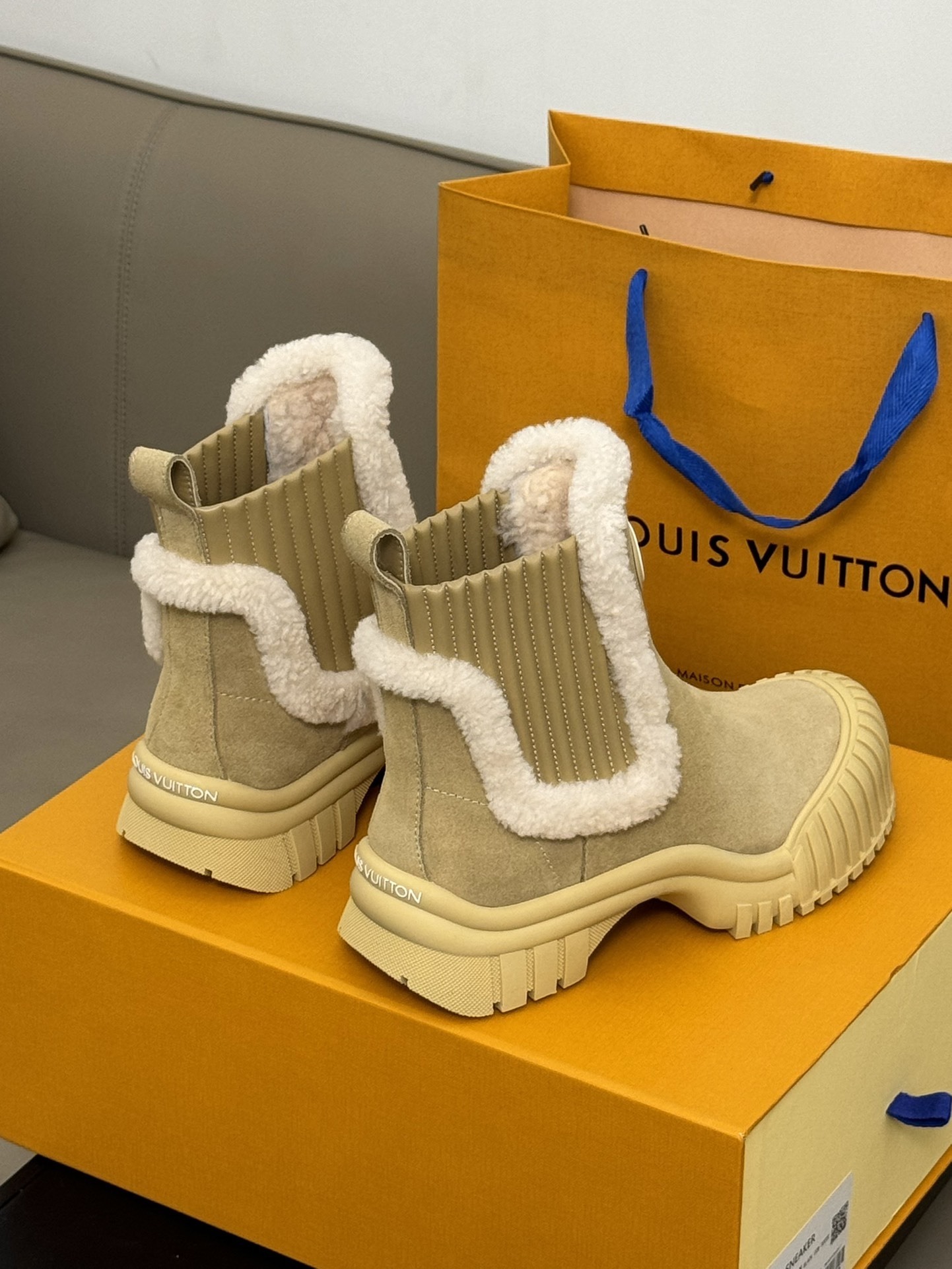 Louis Vuitton Beige Suede & Shearling Flat Ankle Boots - Luxury Winter