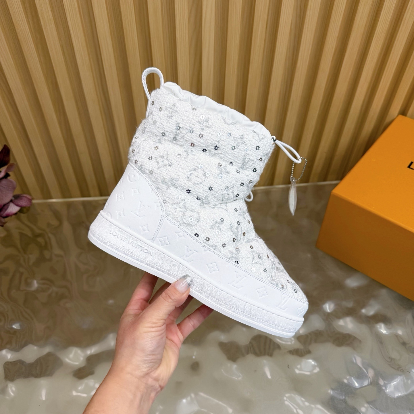 Louis Vuitton White Sequin Padded Snow Boots - Luxury Winter Wear