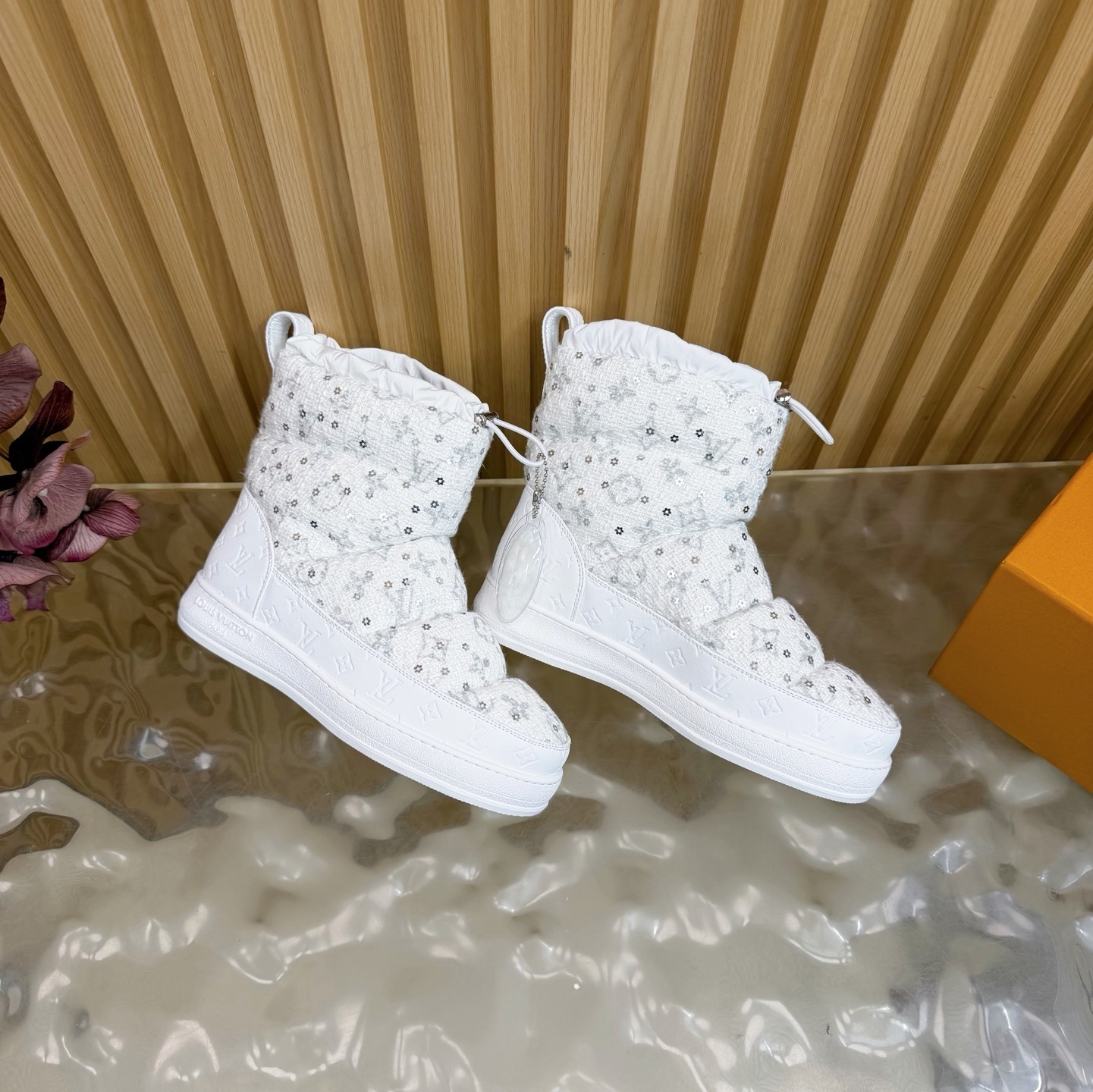 Louis Vuitton White Sequin Padded Snow Boots - Luxury Winter Wear