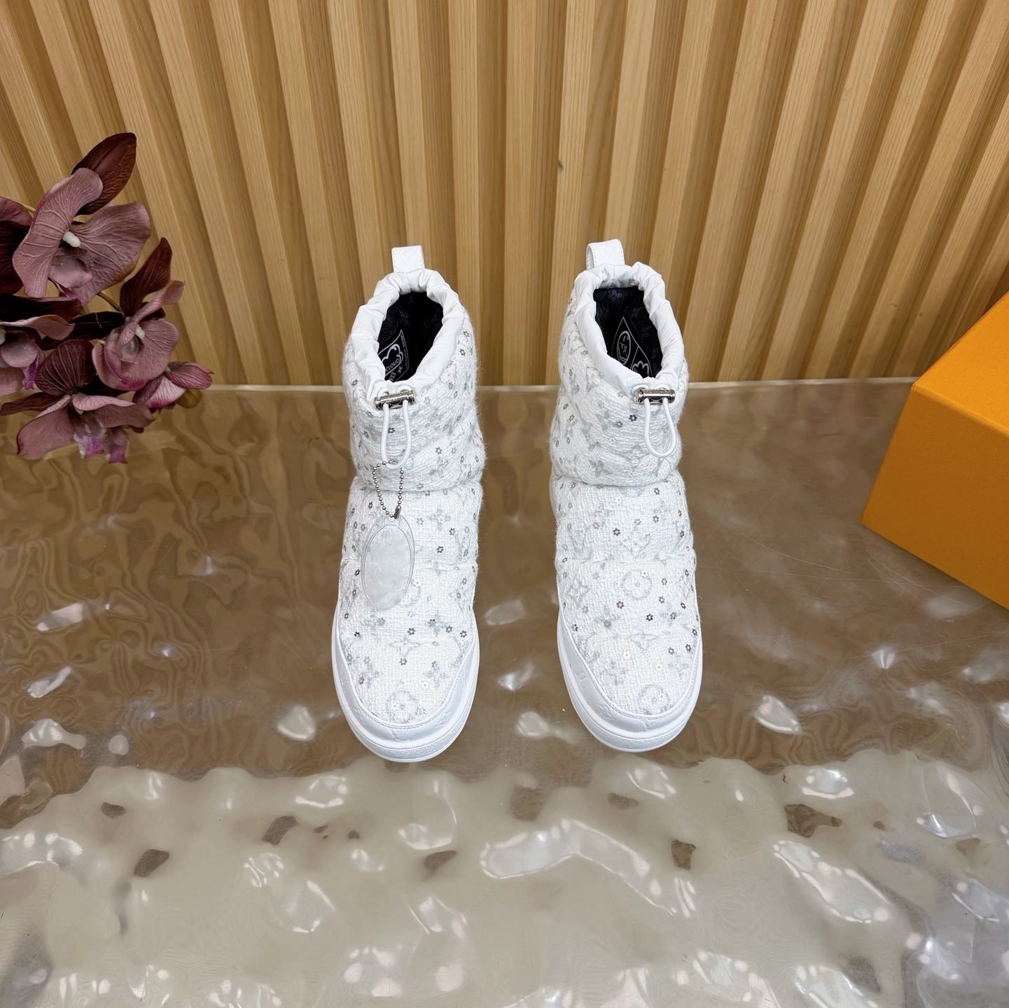 Louis Vuitton White Sequin Padded Snow Boots - Luxury Winter Wear