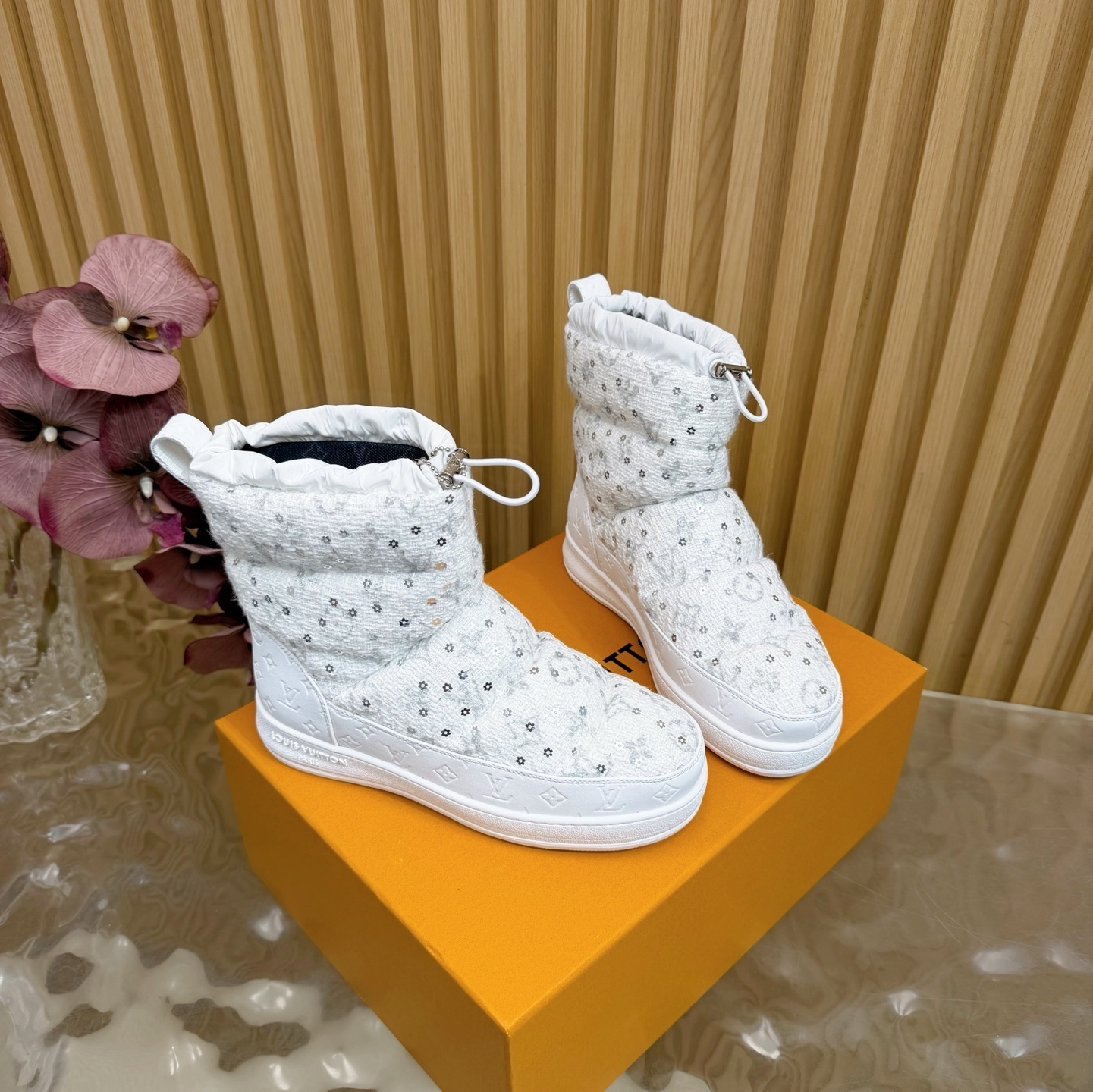 Louis Vuitton White Sequin Padded Snow Boots - Luxury Winter Wear