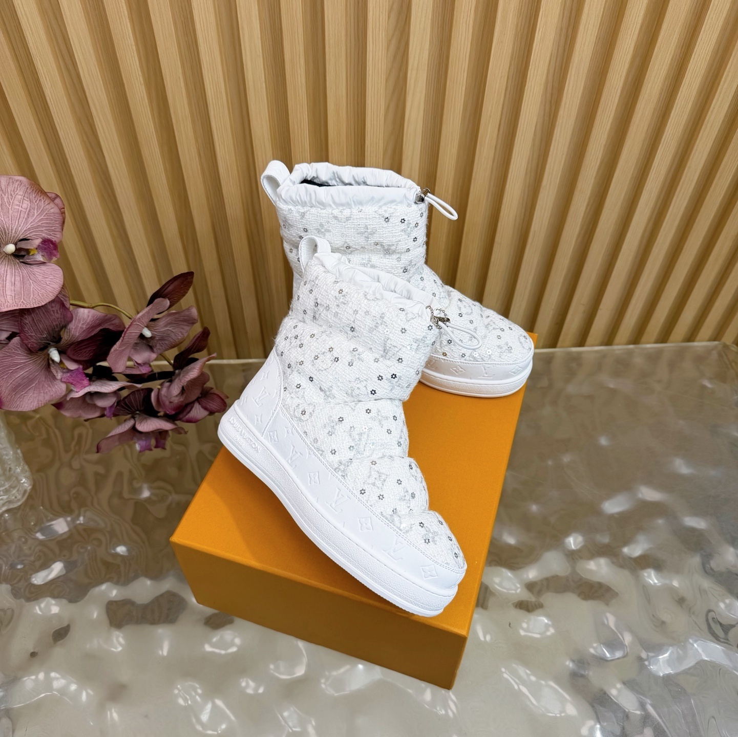 Louis Vuitton White Sequin Padded Snow Boots - Luxury Winter Wear