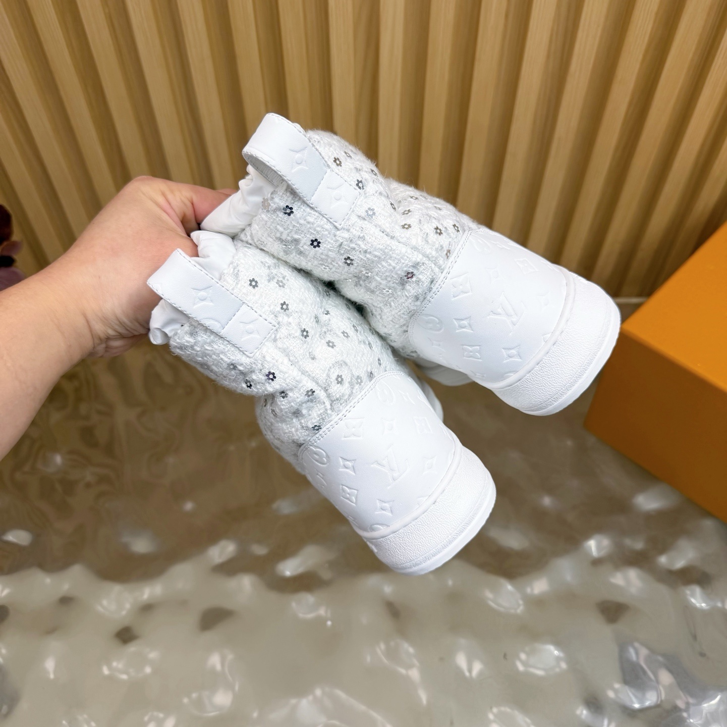 Louis Vuitton White Sequin Padded Snow Boots - Luxury Winter Wear