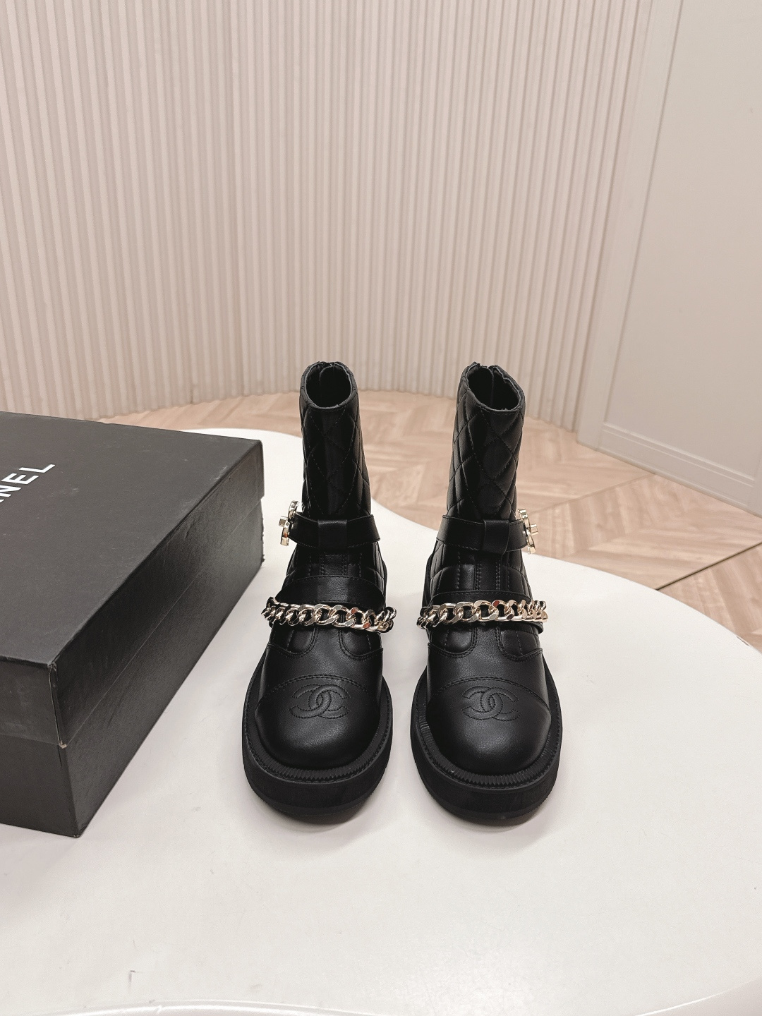 Luxury Black Quilted Leather Boots with Gold Chain Hardware