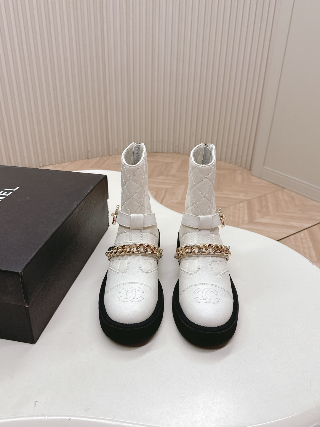 Luxury White Quilted Ankle Boots with Gold Chain & Platform Sole
