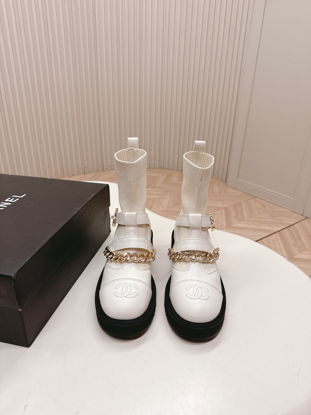 Luxury White Knit Sock Boots with Gold Chain & Logo Buckle