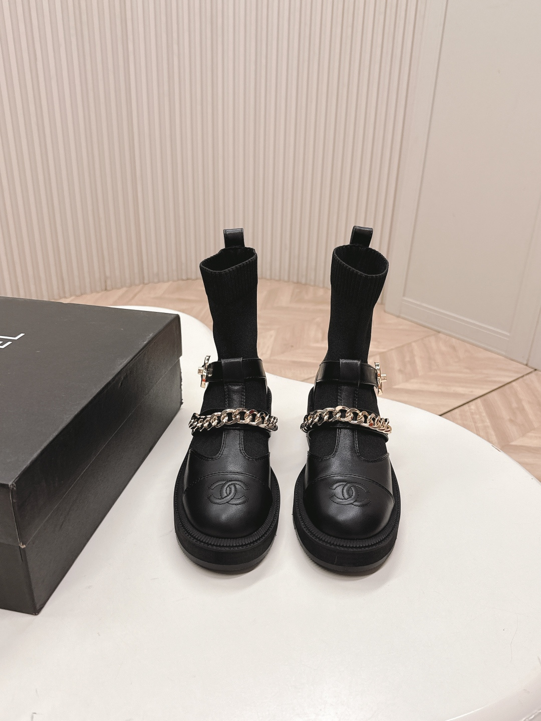 Elegant Black Knit Leather Sock Boots with Gold Chain & Logo Buckle