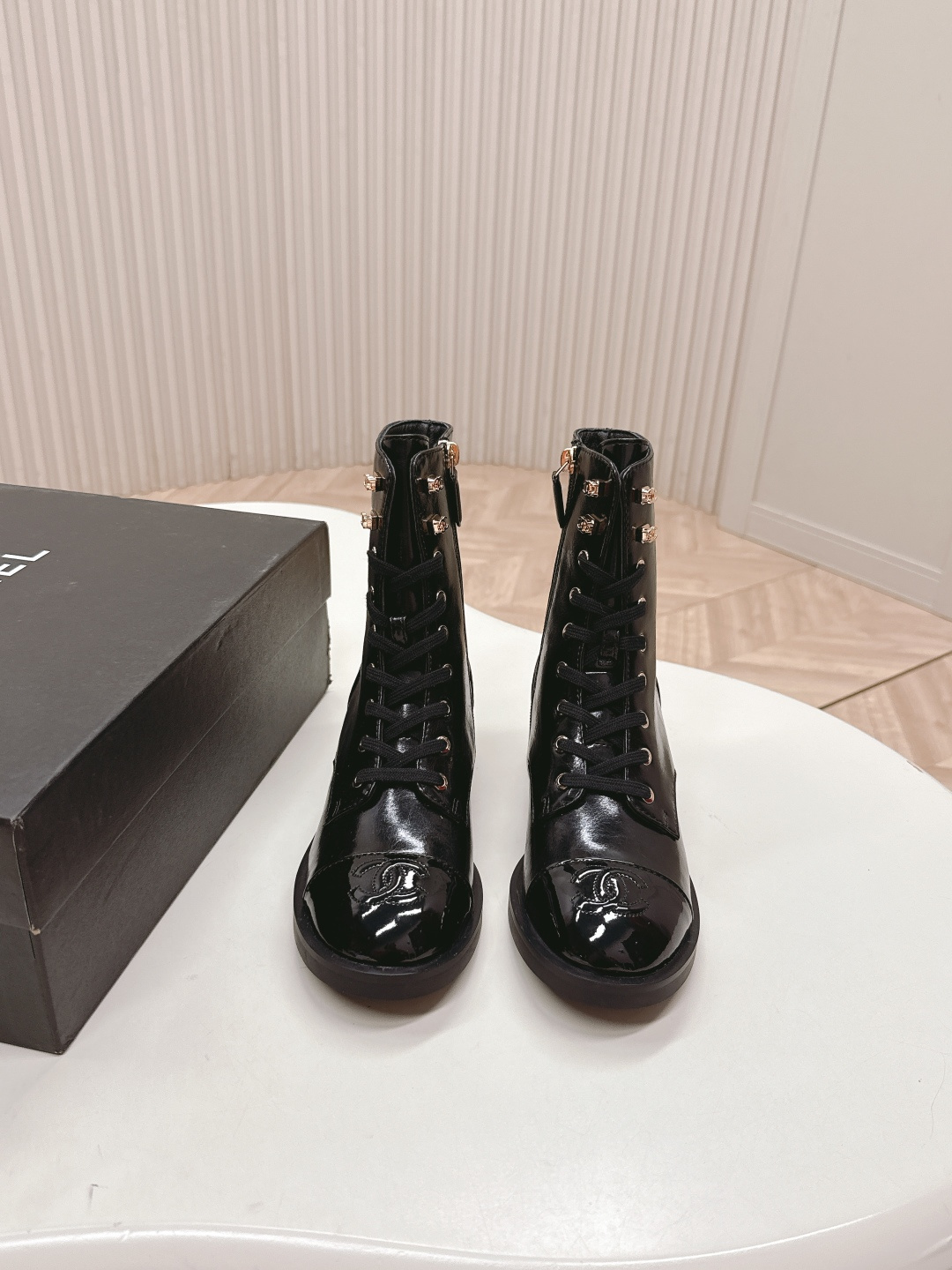 Women’s Black Patent Leather Lace-Up Combat Boots with CC Logo