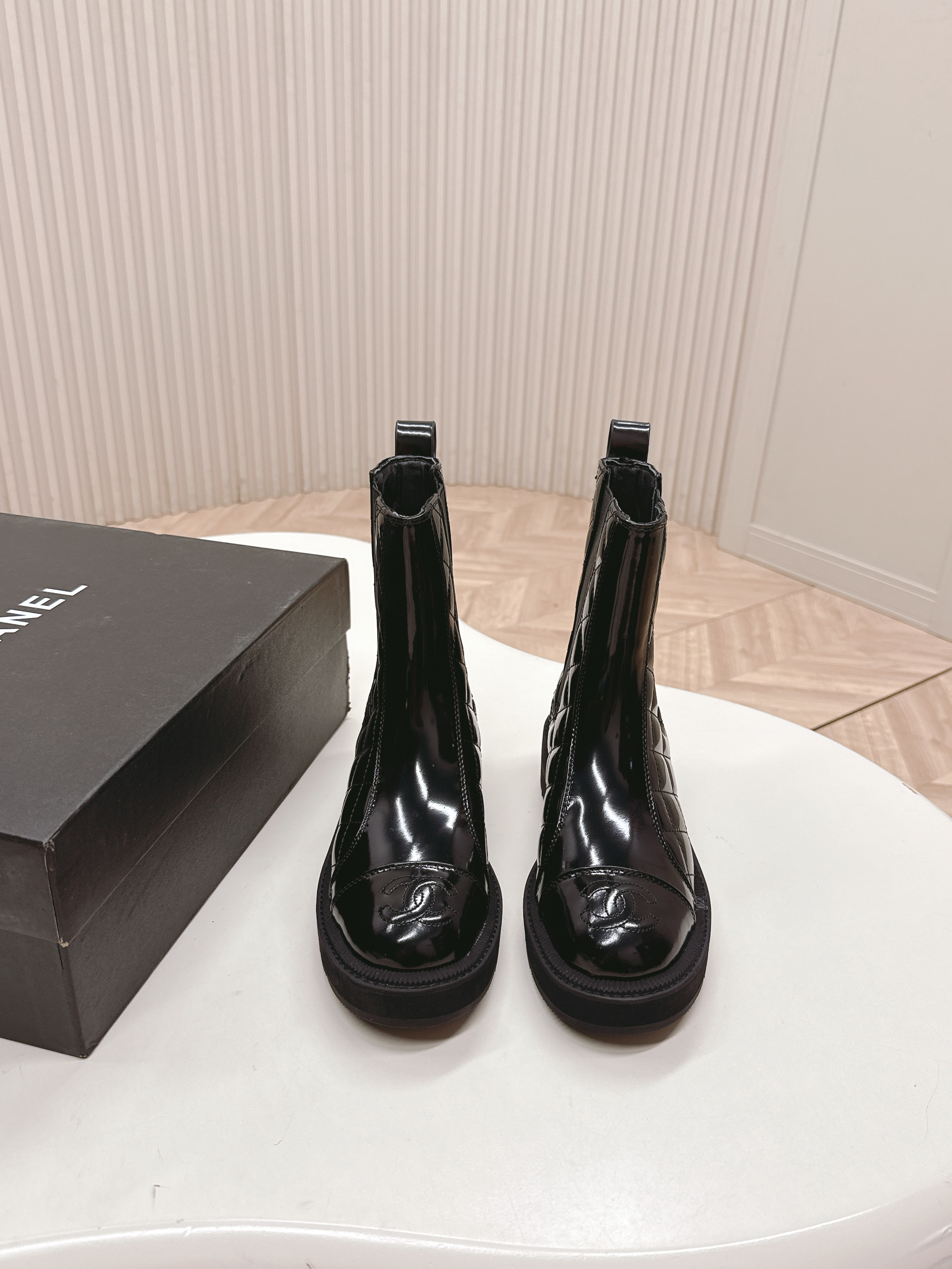 Premium Black Quilted Patent Leather Platform Ankle Boots for Women