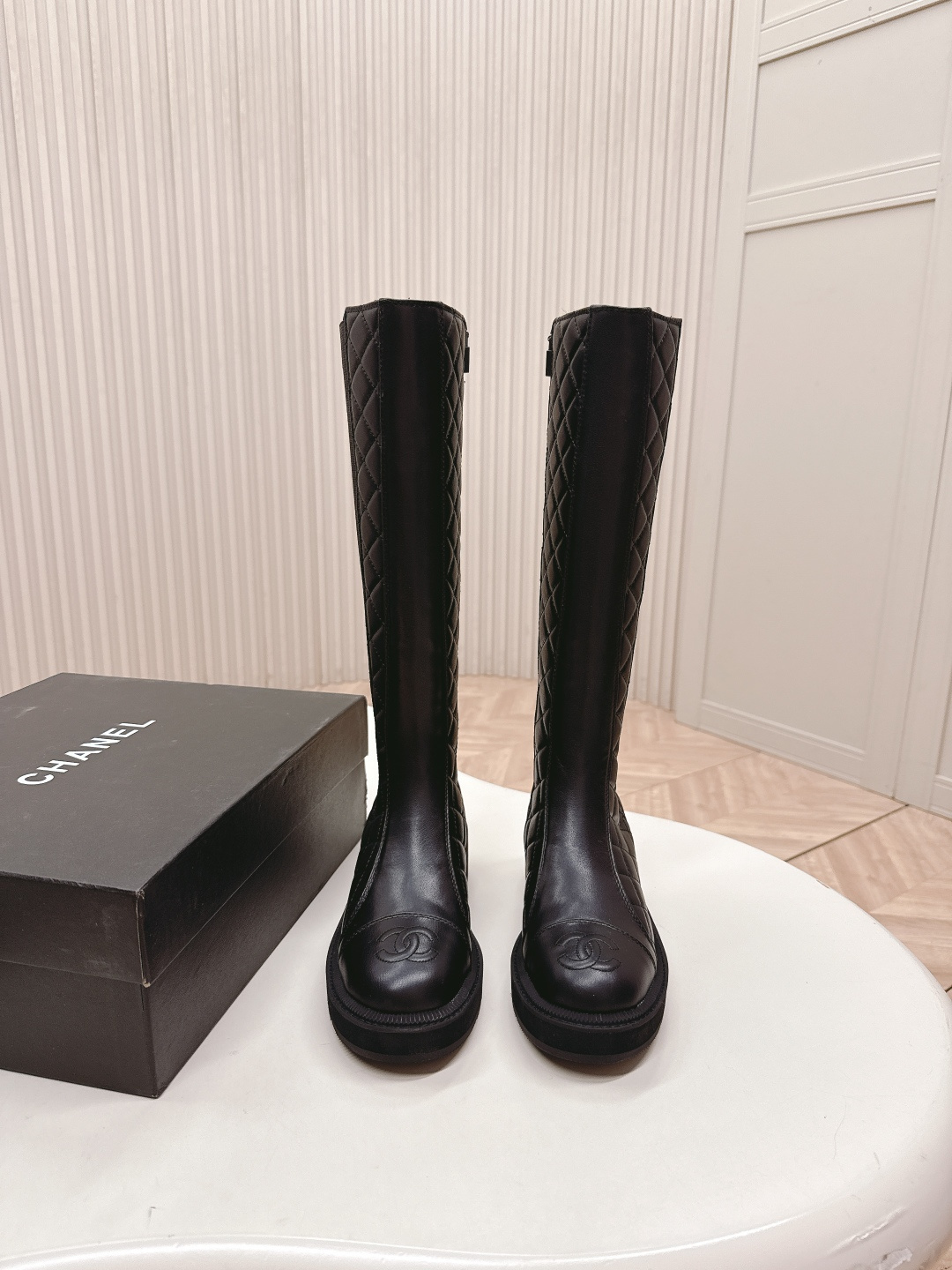 Chanel Black Quilted Leather Knee-High Boots with CC Logo