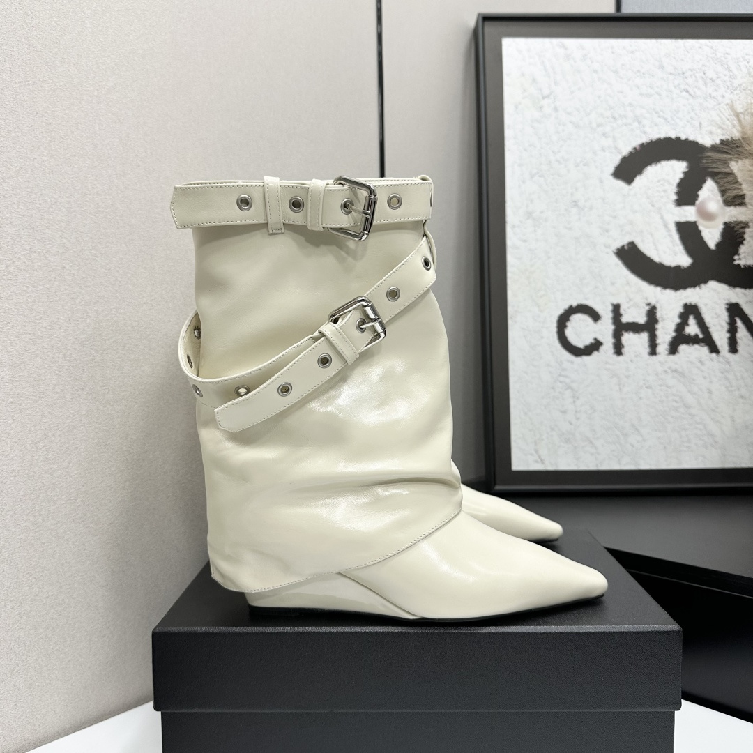 Chic Off-White Slouchy Pointed Toe Buckle Strap Mid-Calf Boots