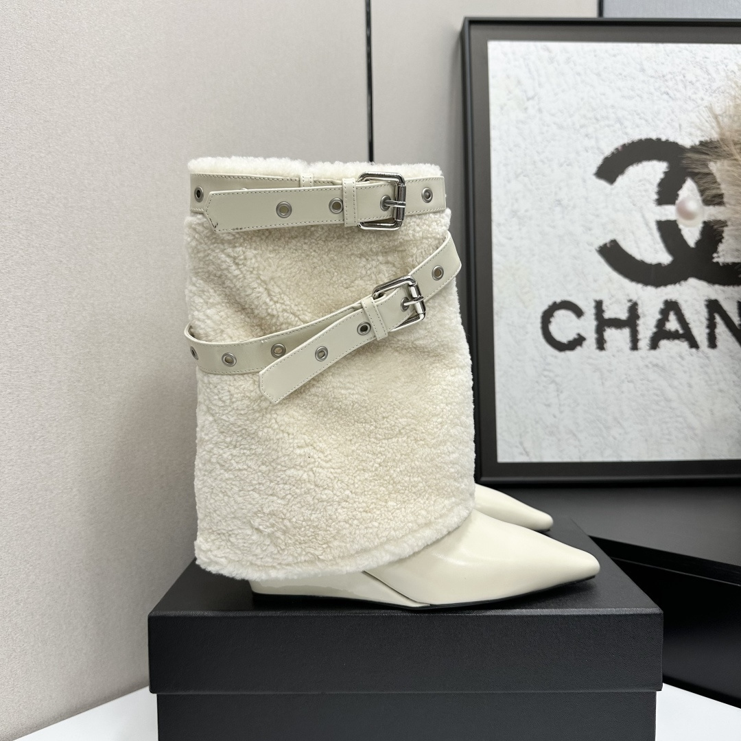 Cream White Pointed Toe Shearling Wedge Boots with Buckle Straps